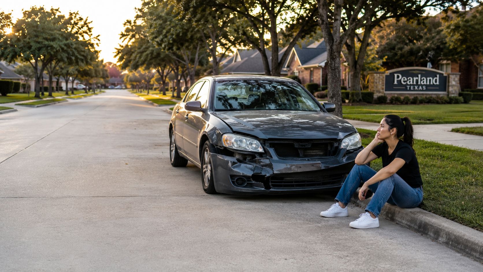 A woman sits on the curb next to her damaged car in a residential neighborhood in Pearland, Texas.