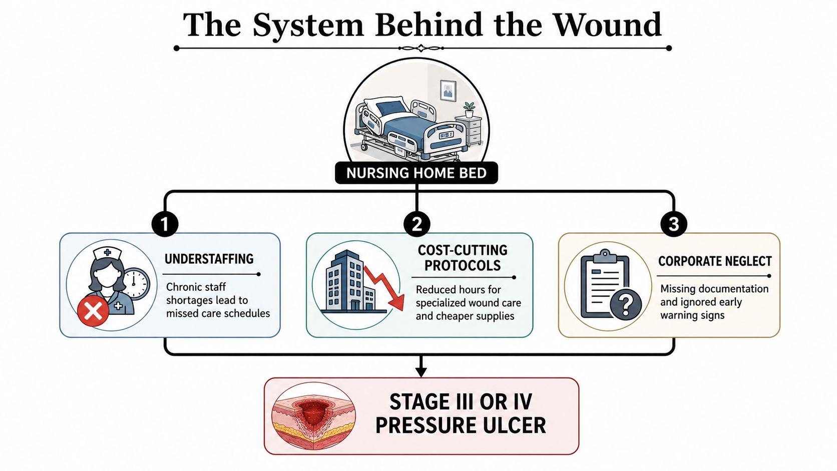 A diagram illustrating how nursing home system failures like understaffing and cost-cutting lead to severe pressure ulcers.