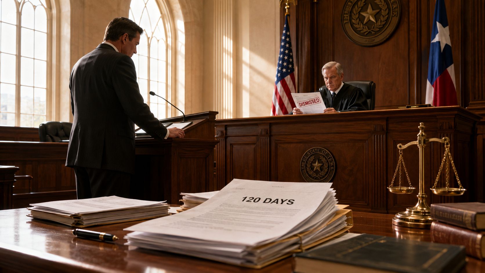 A judge in a Texas courtroom holds a document marked dismissed while a lawyer stands at a podium.