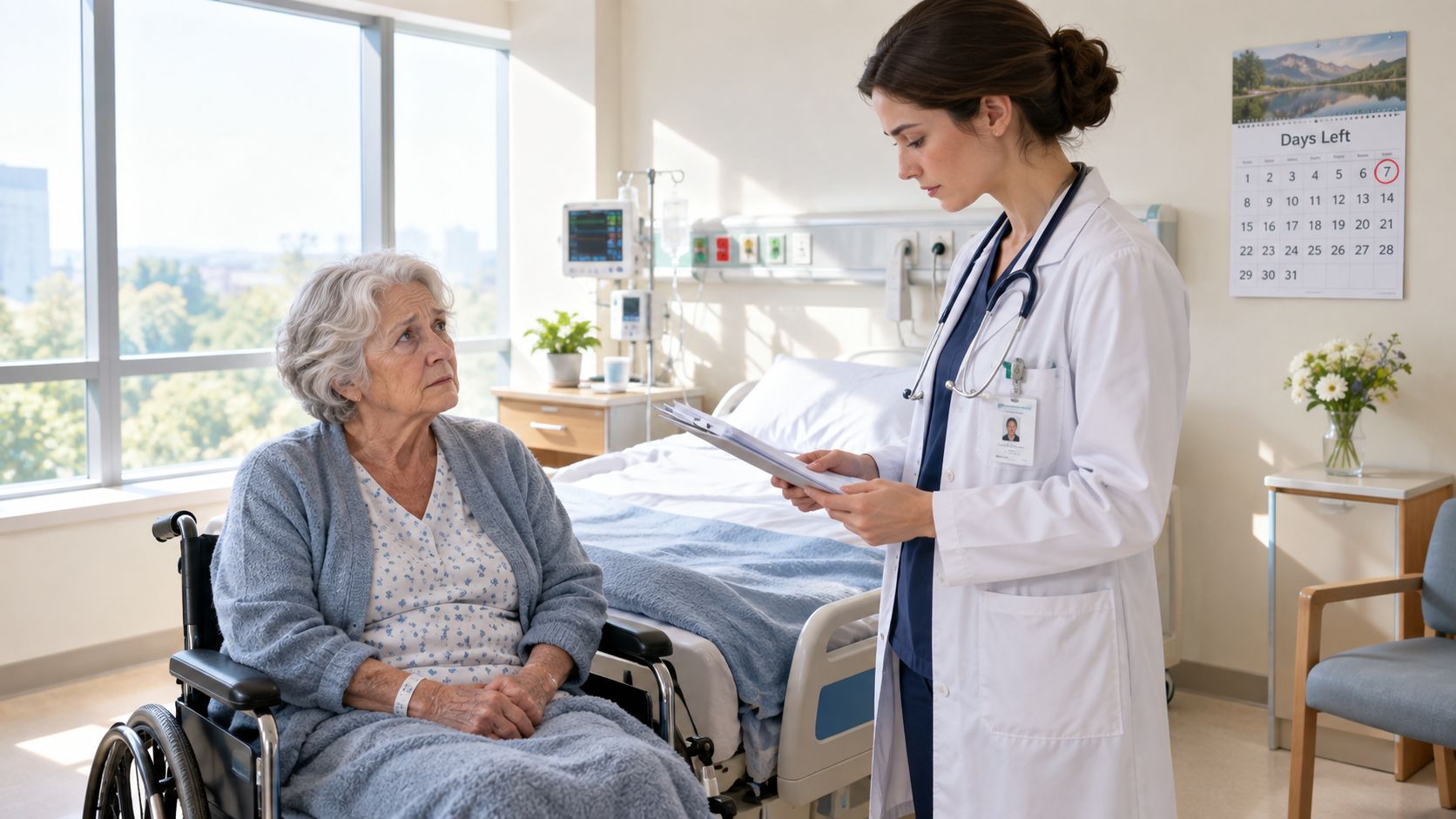 A female doctor with a stethoscope reviews medical charts while talking to an elderly patient in wheelchairs.