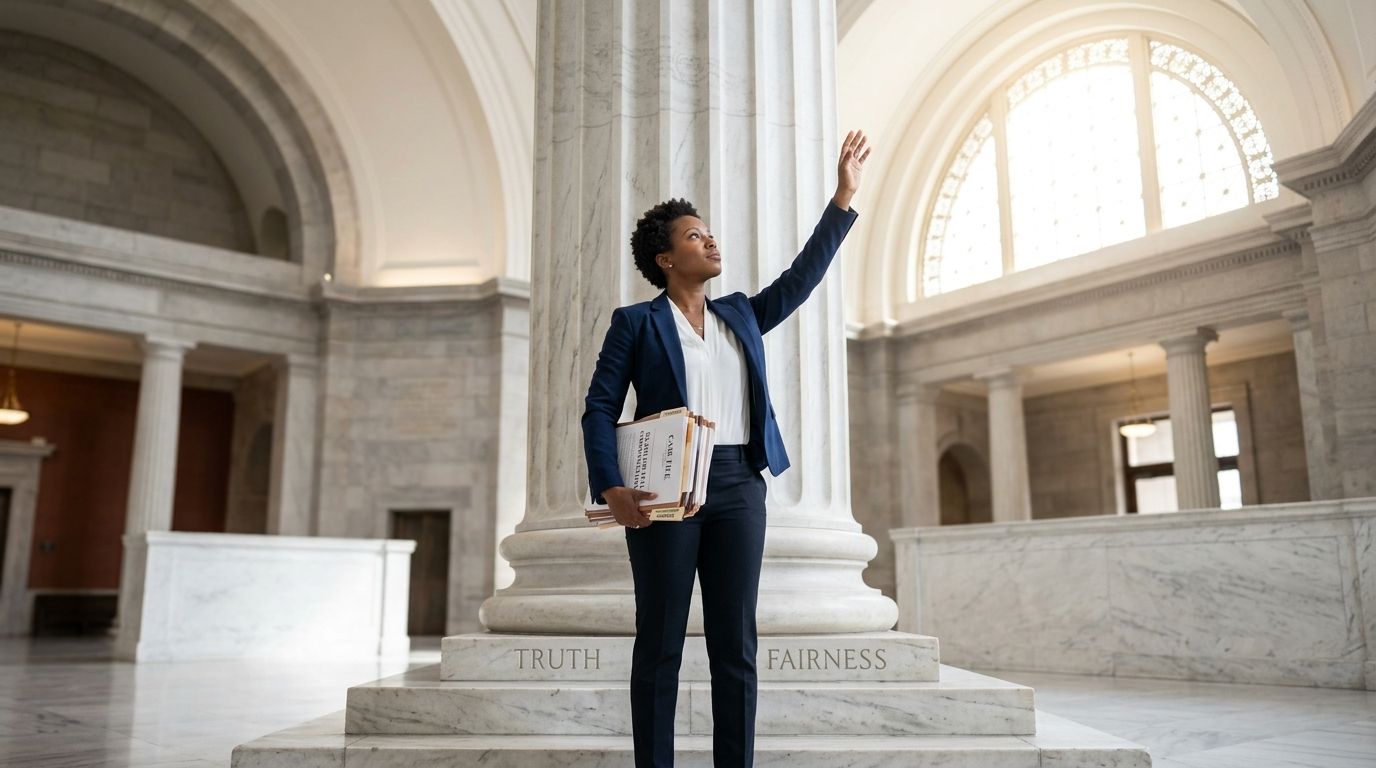 A professional woman in a suit stands before a marble pillar in a grand courthouse holding files.