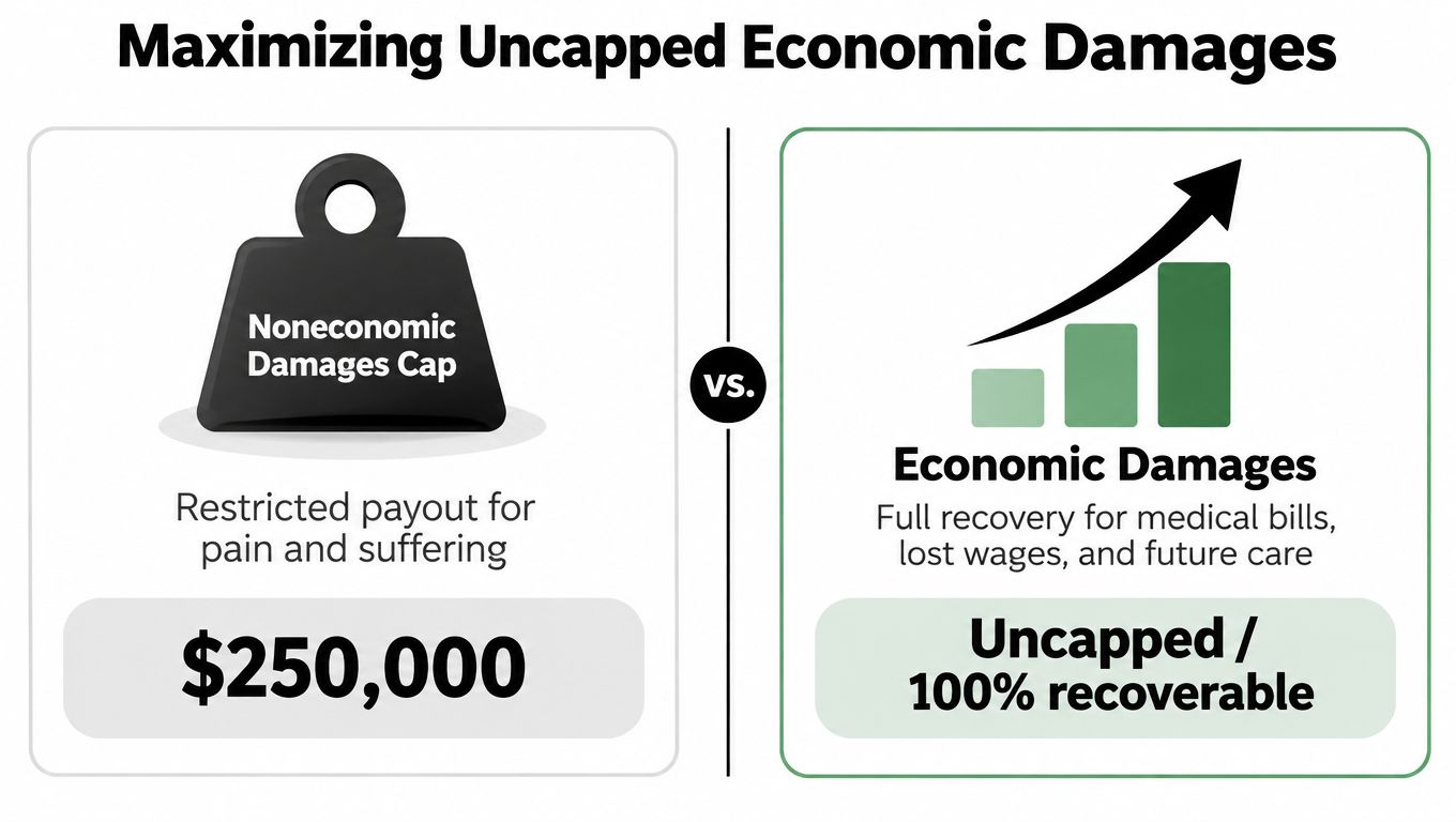 A comparison between restricted noneconomic damages caps and the benefits of uncapped economic damages in legal claims.