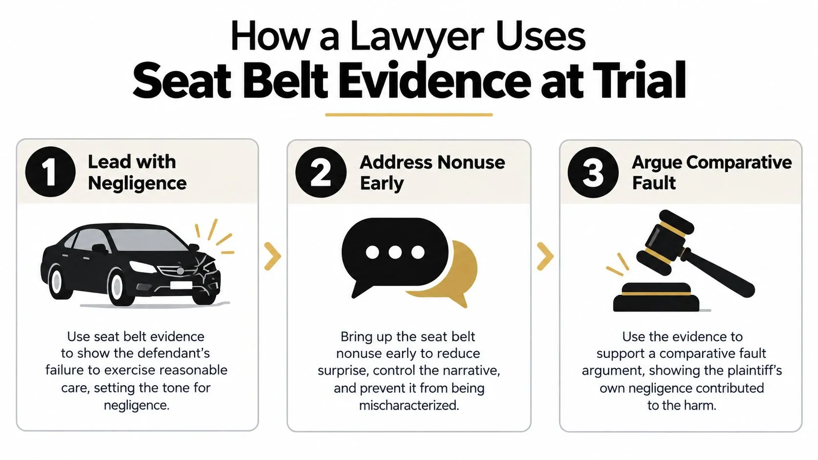 A three-step infographic explaining how a lawyer uses seat belt evidence during a legal trial.