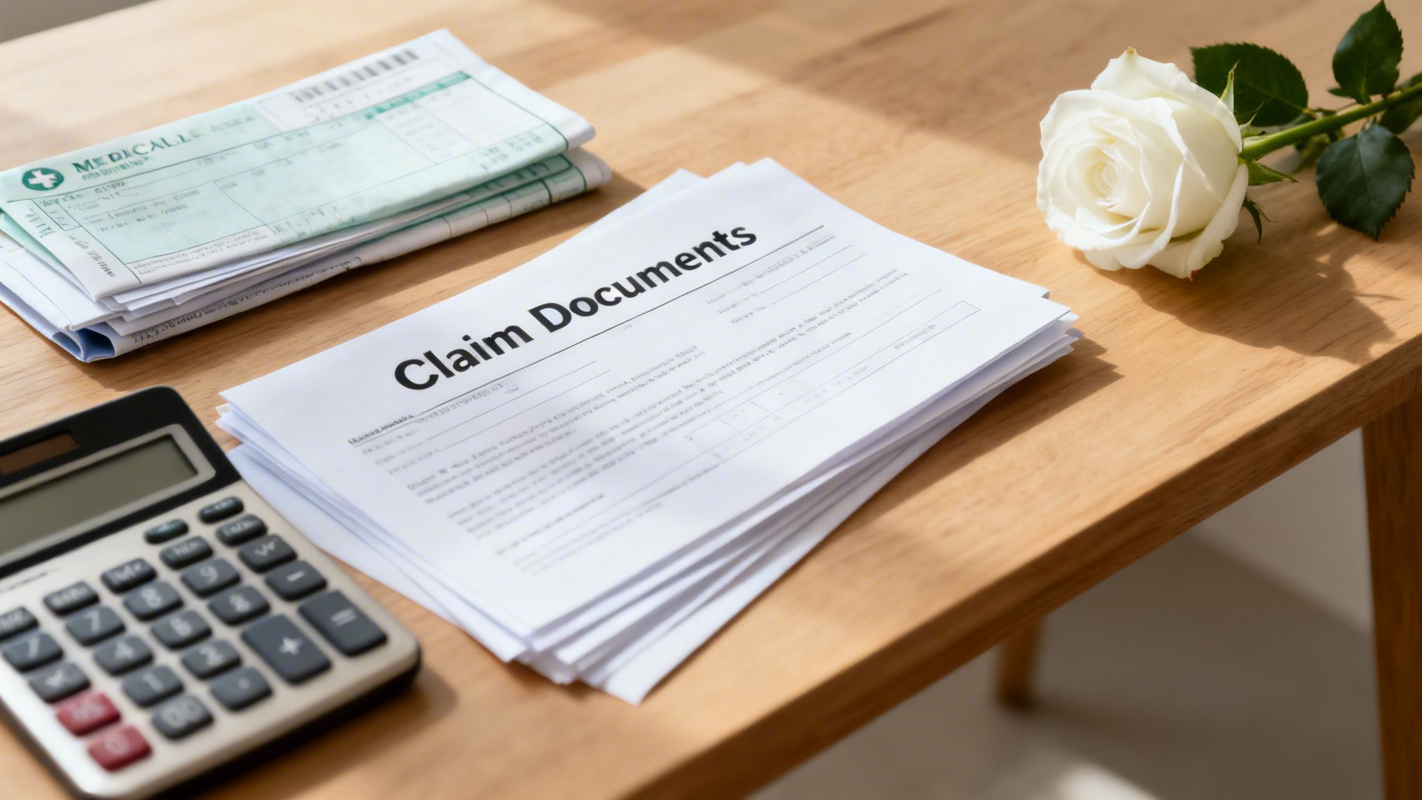 A wooden desk with claim documents, medical bills, a calculator, and a white rose.