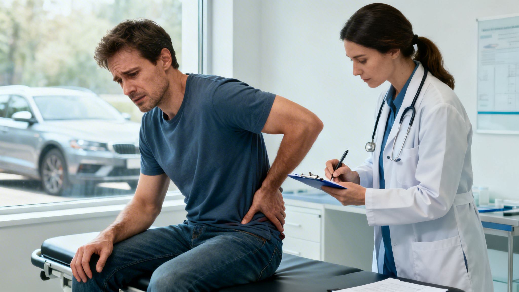 A male patient with lower back pain being examined by a female doctor in a clinic.
