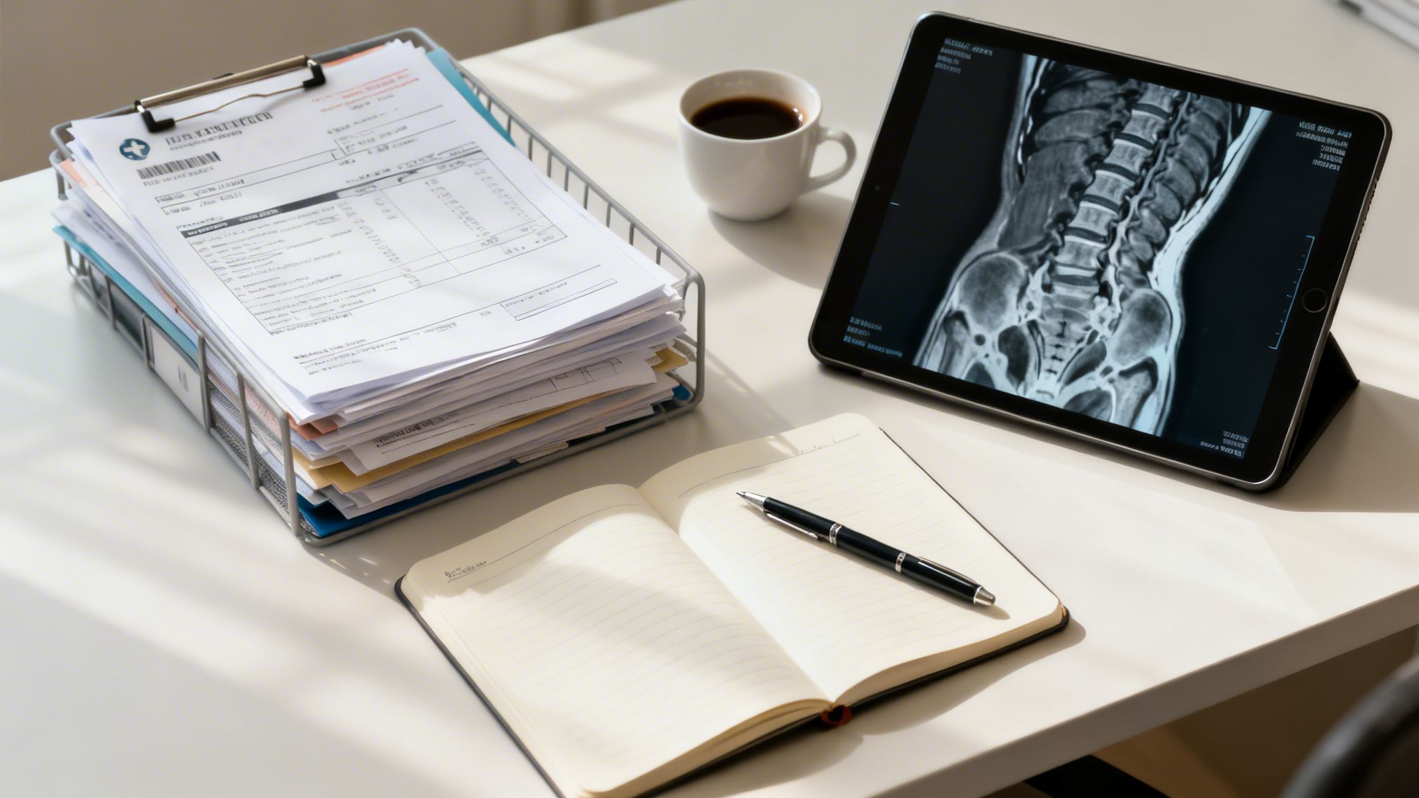 A medical professional's desk with documents, a tablet showing a spinal MRI, coffee, and a notebook.