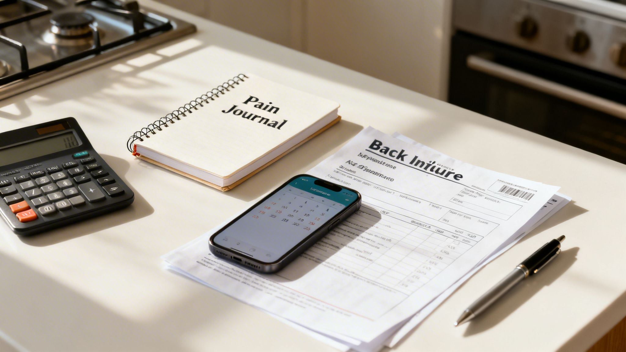 Desk with a pain journal, calculator, smartphone calendar, medical papers, and a pen for managing recovery.