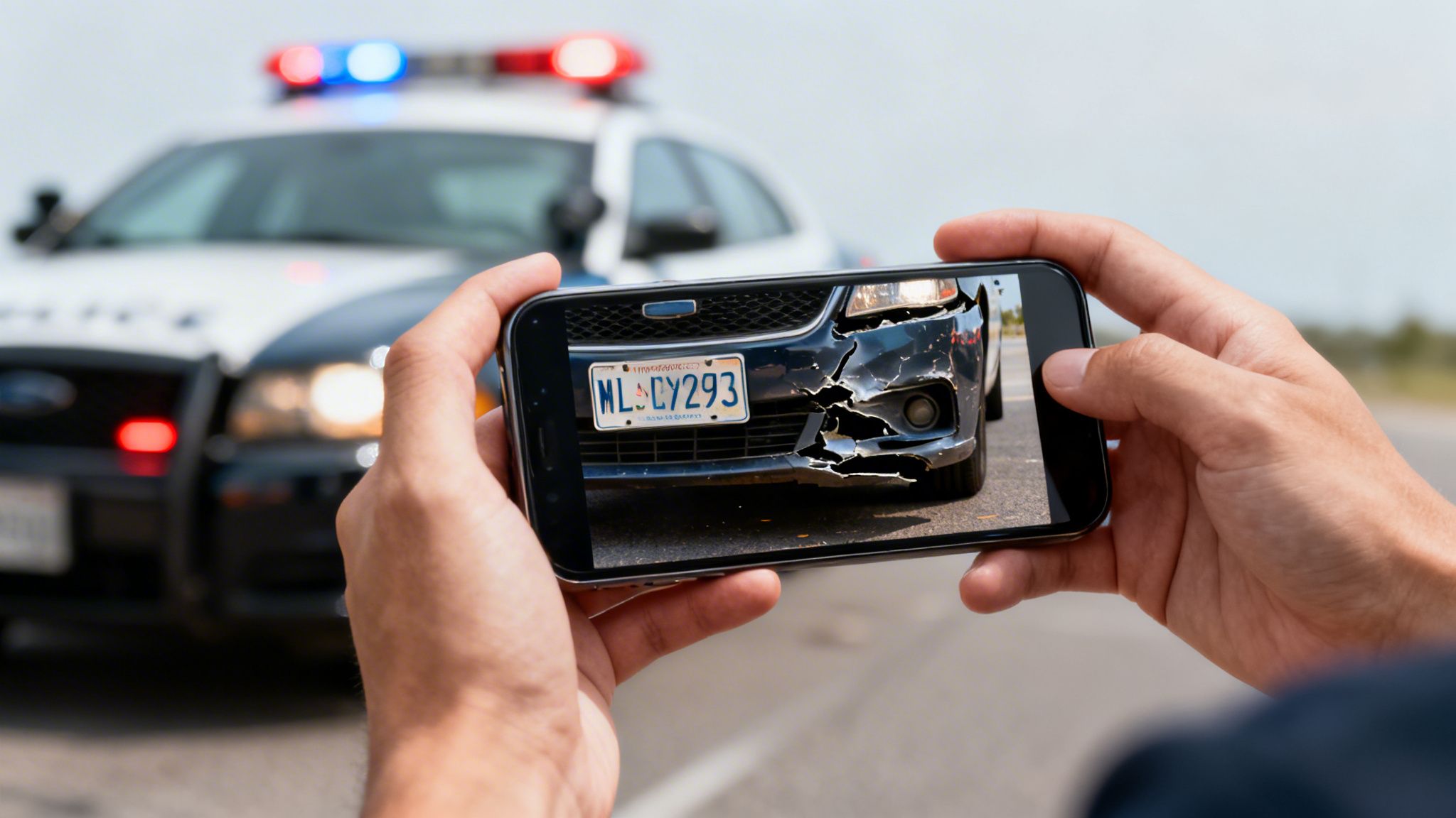 Person taking a smartphone photo of a severely damaged car bumper with a police vehicle in the background.