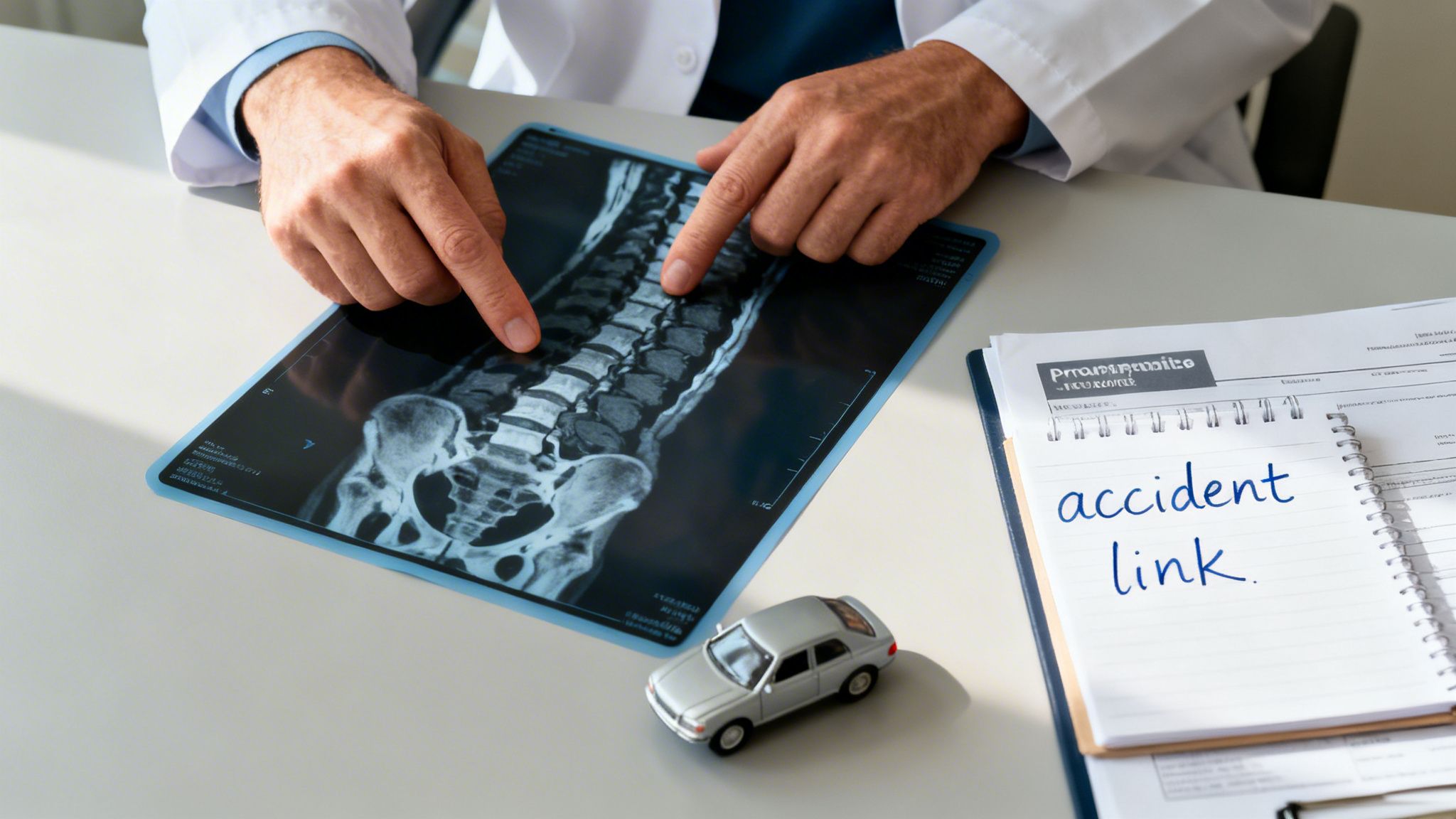 Doctor analyzing a spinal X-ray with a toy car and 'accident link' written, discussing a car accident injury.