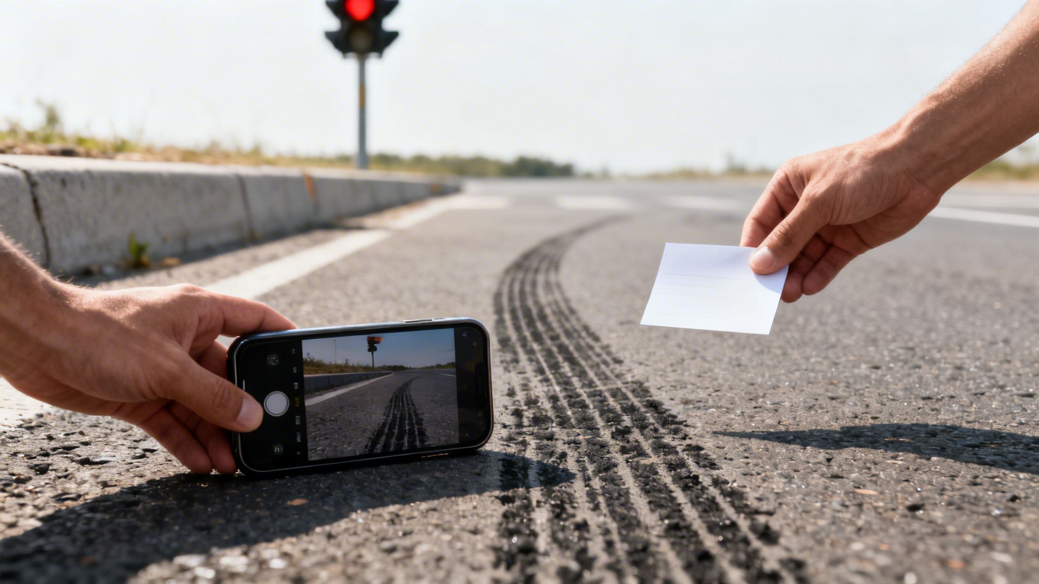 Hands documenting tire marks on asphalt with a smartphone and a white card near a traffic light.