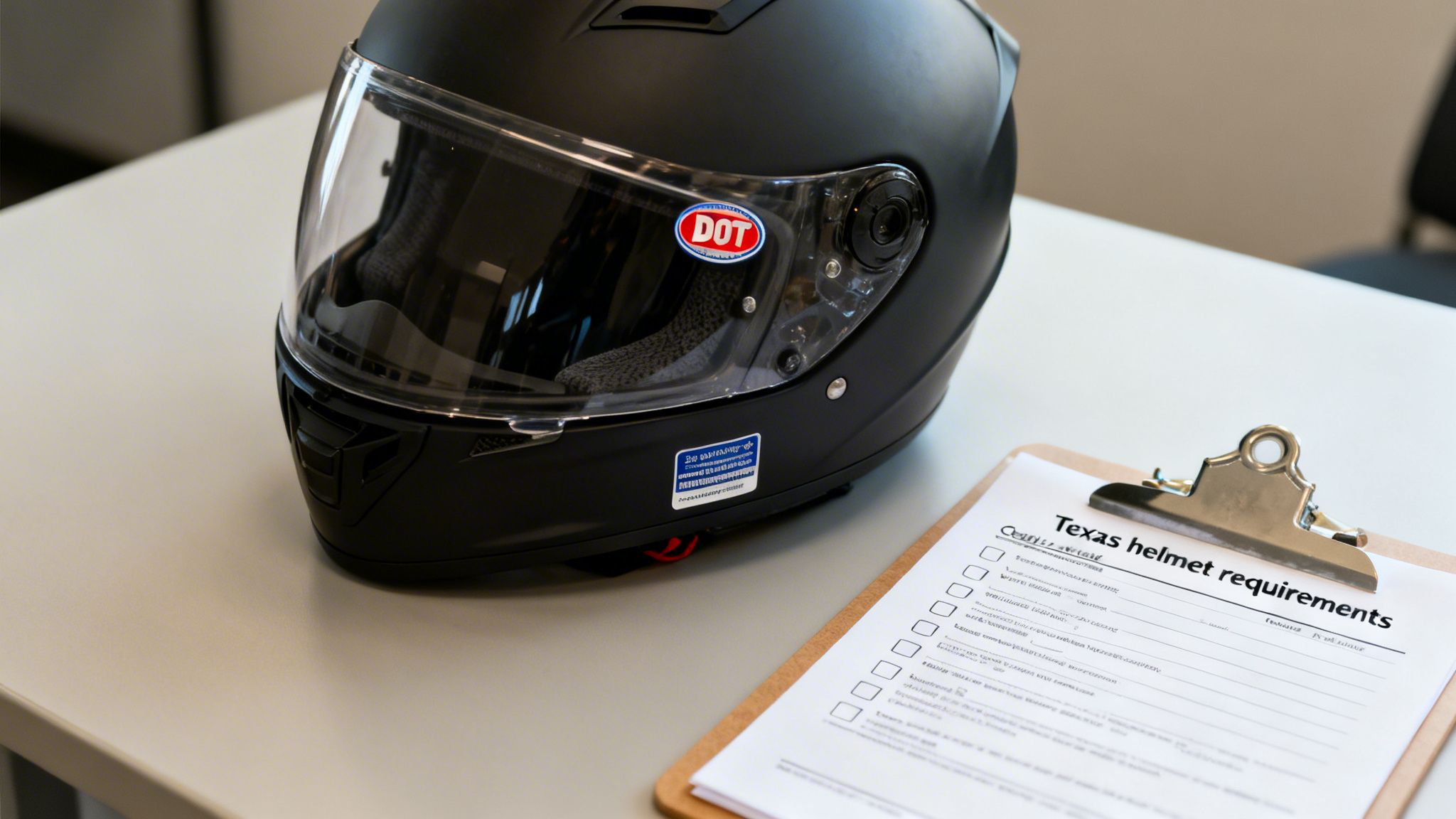 A black motorcycle helmet with a DOT sticker sits beside a clipboard with Texas helmet requirements.