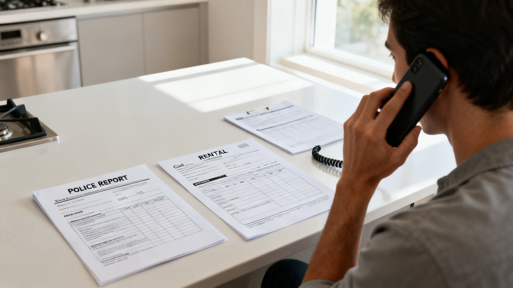 A man on the phone reviews a police report and rental car forms on a white kitchen counter.