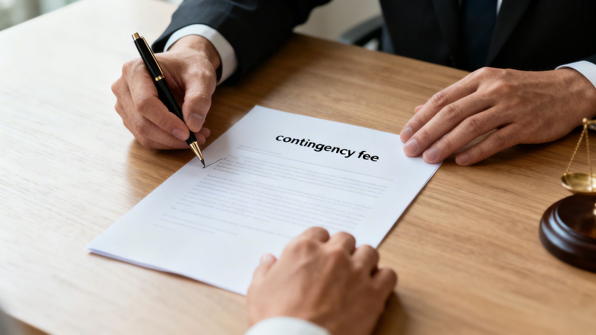 A lawyer signs a contingency fee agreement with a client, with a scale of justice on the table.