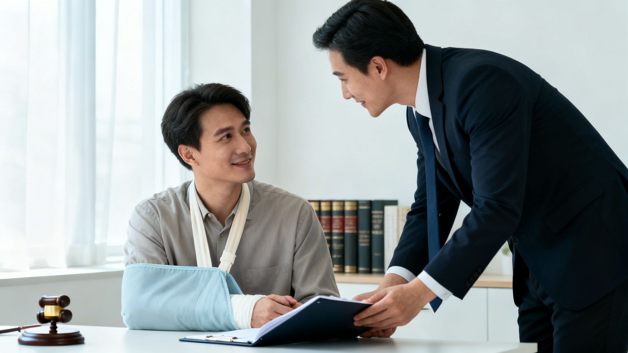 A personal injury lawyer discusses a case with an injured client in a bright office.