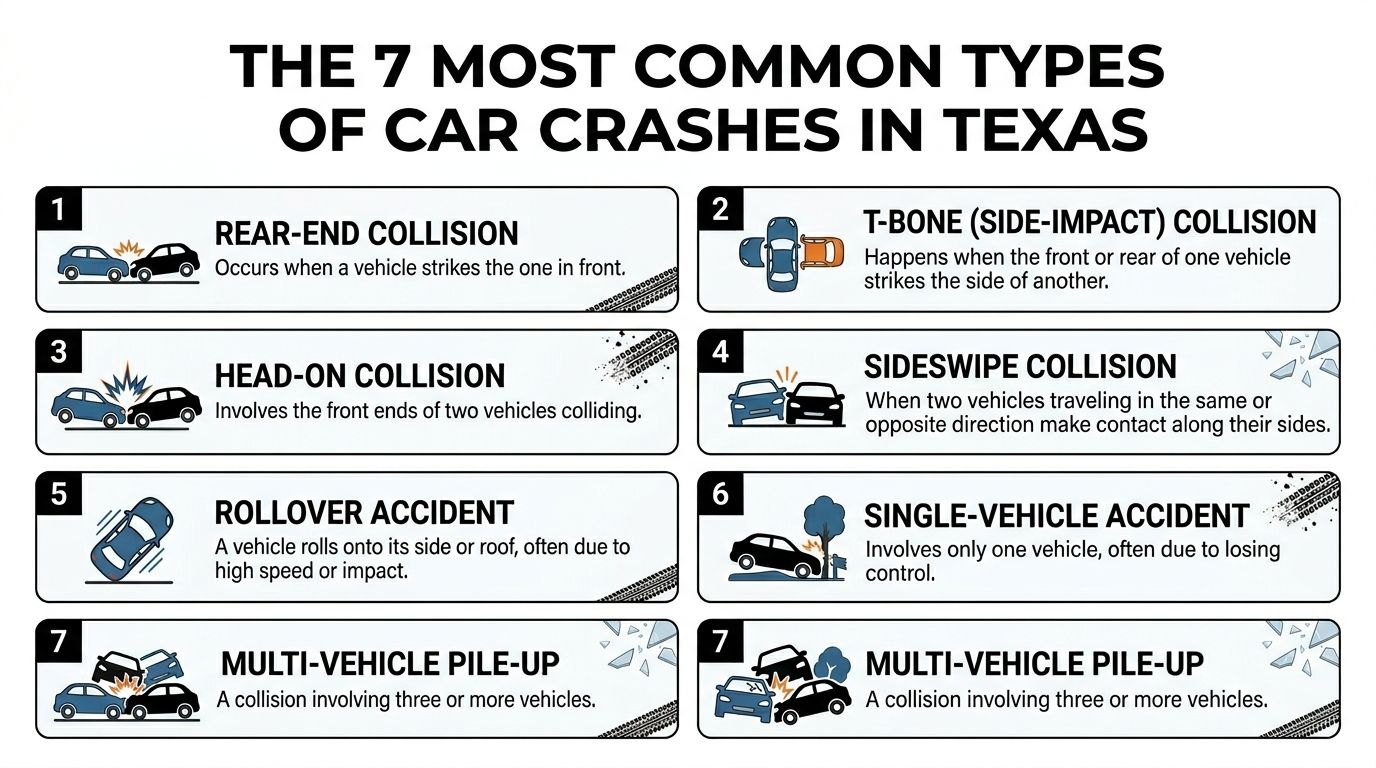 An infographic titled The 7 Most Common Types of Car Crashes in Texas with illustrated accident examples.