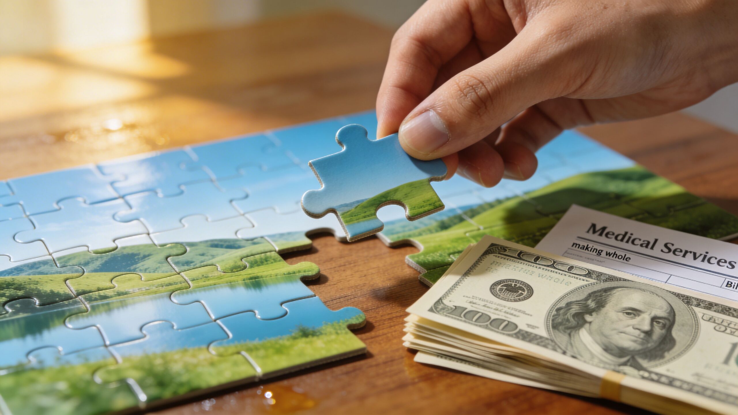 A hand placing a puzzle piece next to a stack of money and a medical services bill.