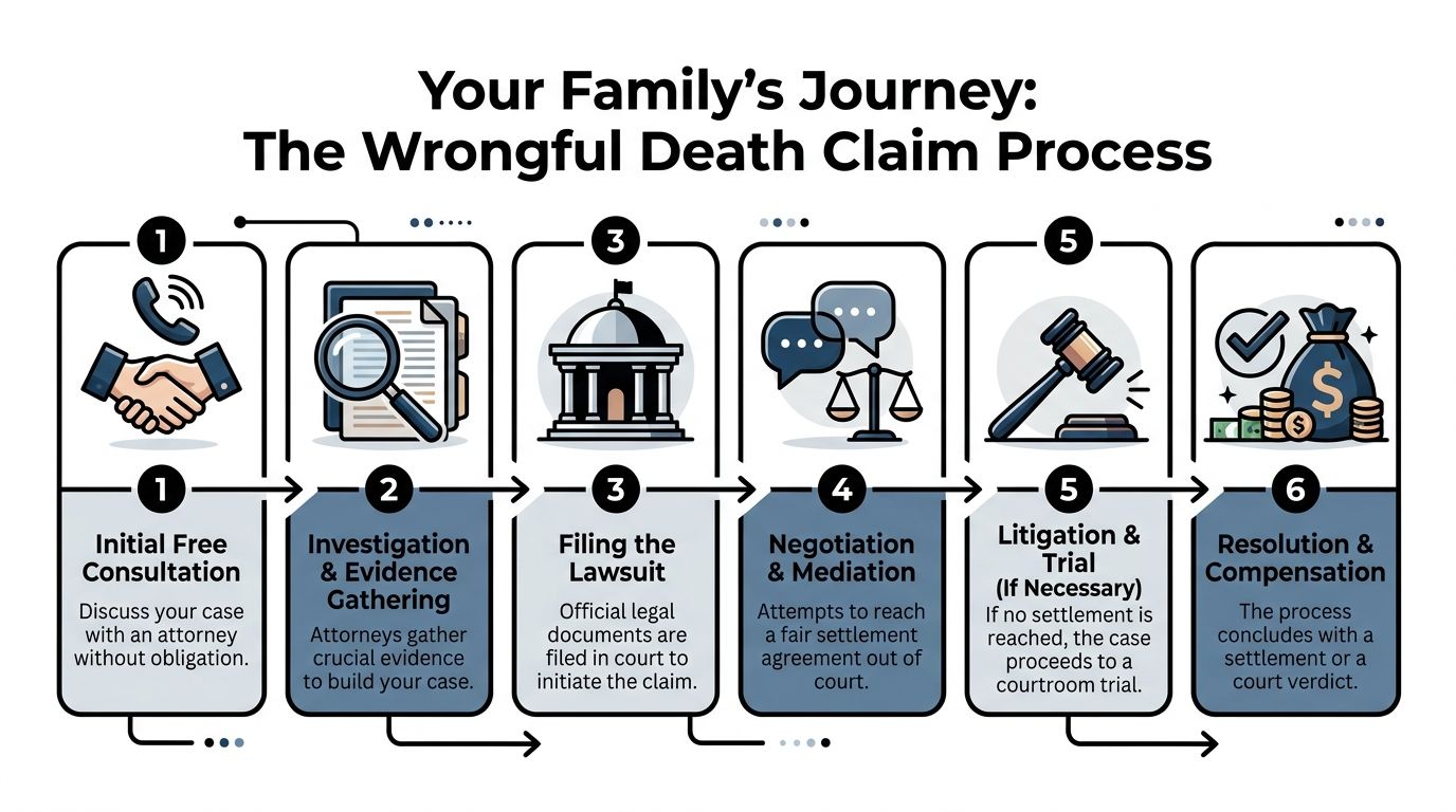 A six-step infographic detailing the legal process for a family filing a wrongful death lawsuit claim.