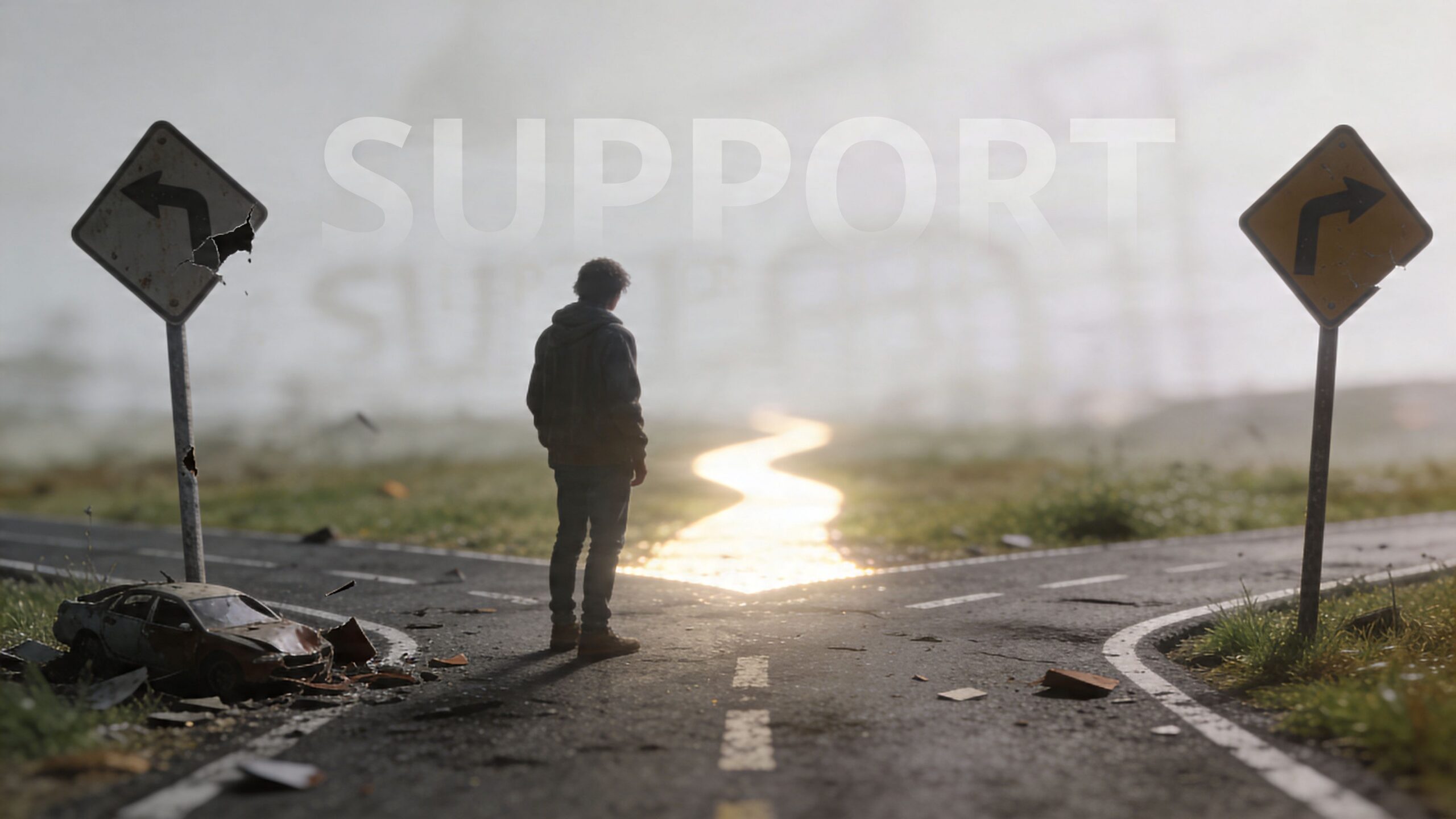 A person standing at a fork in the road contemplating a choice under a Support banner