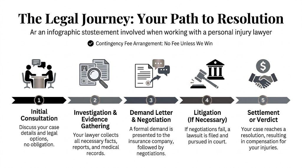 A flowchart infographic detailing the five steps in a personal injury legal process for a client.