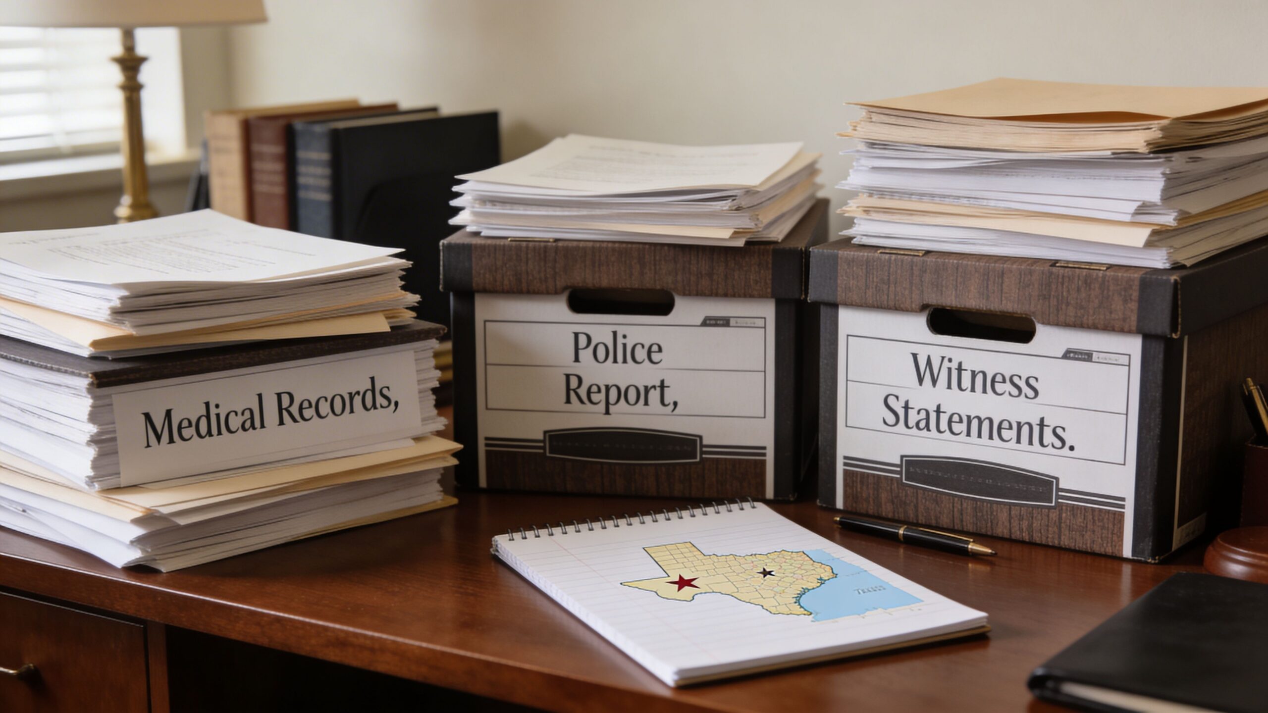 A wooden desk filled with stacks of medical records, police reports, and witness statement boxes for a case.