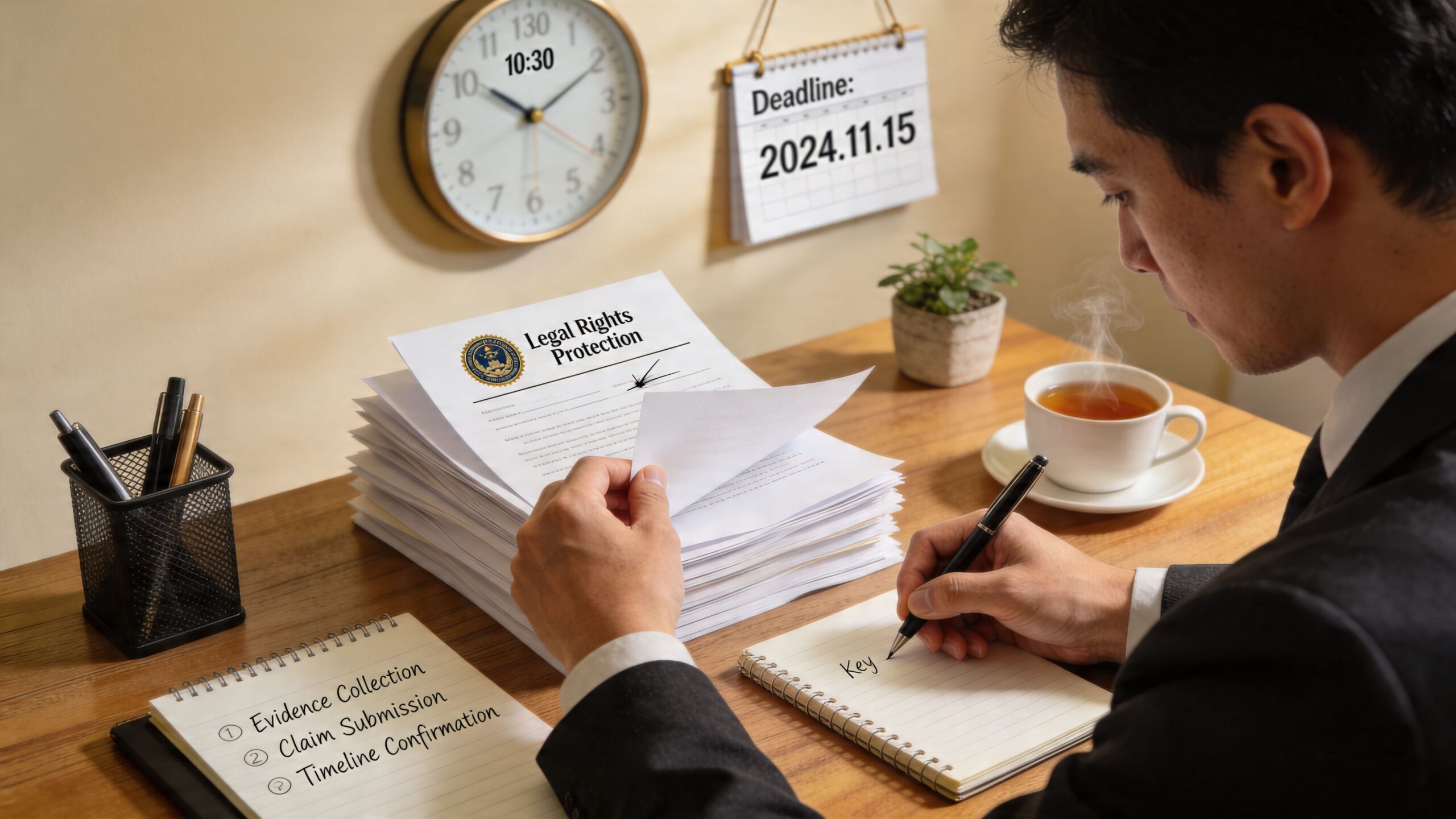 A professional man in a suit reviewing legal documents while taking notes at his desk