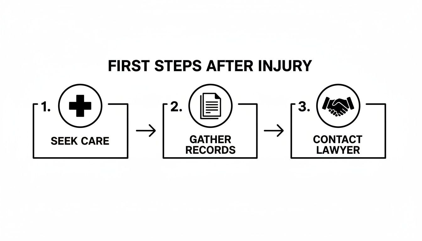 A flowchart titled 'First Steps After Injury' with three steps: seek care, gather records, and contact a lawyer.