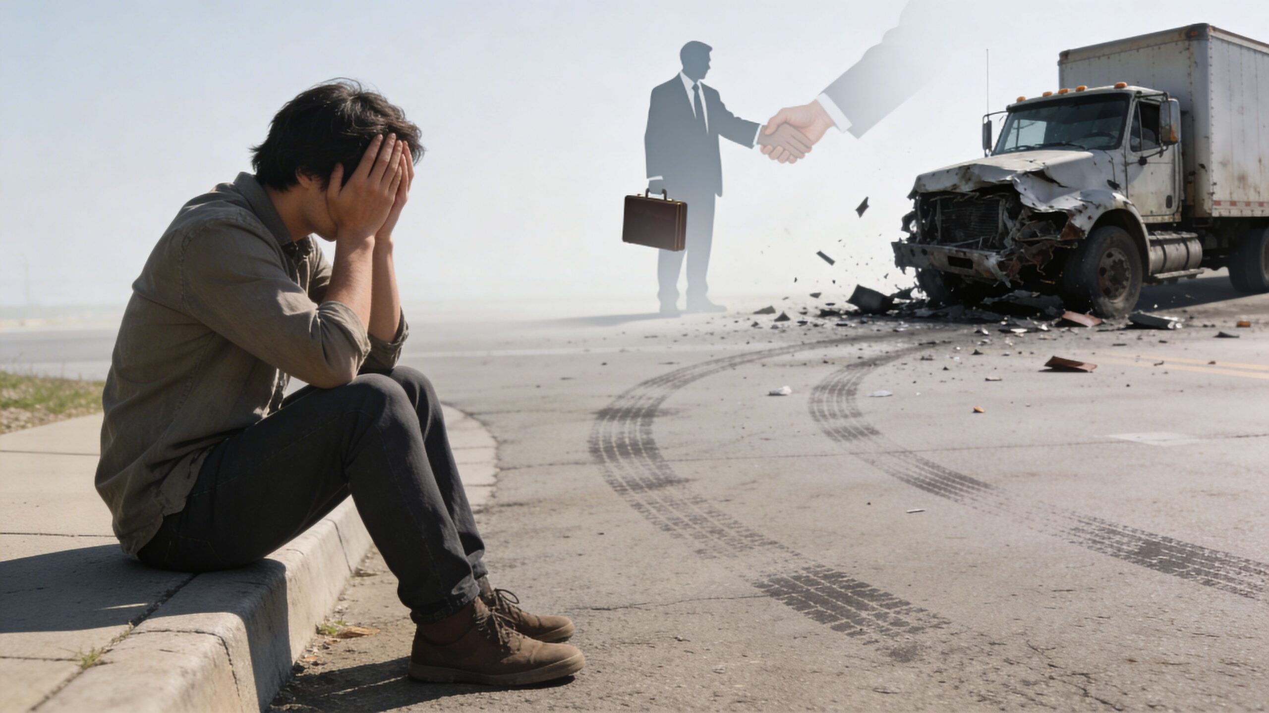 A distressed man sitting on a curb near a crashed truck with a ghostly businessman shaking hands above.