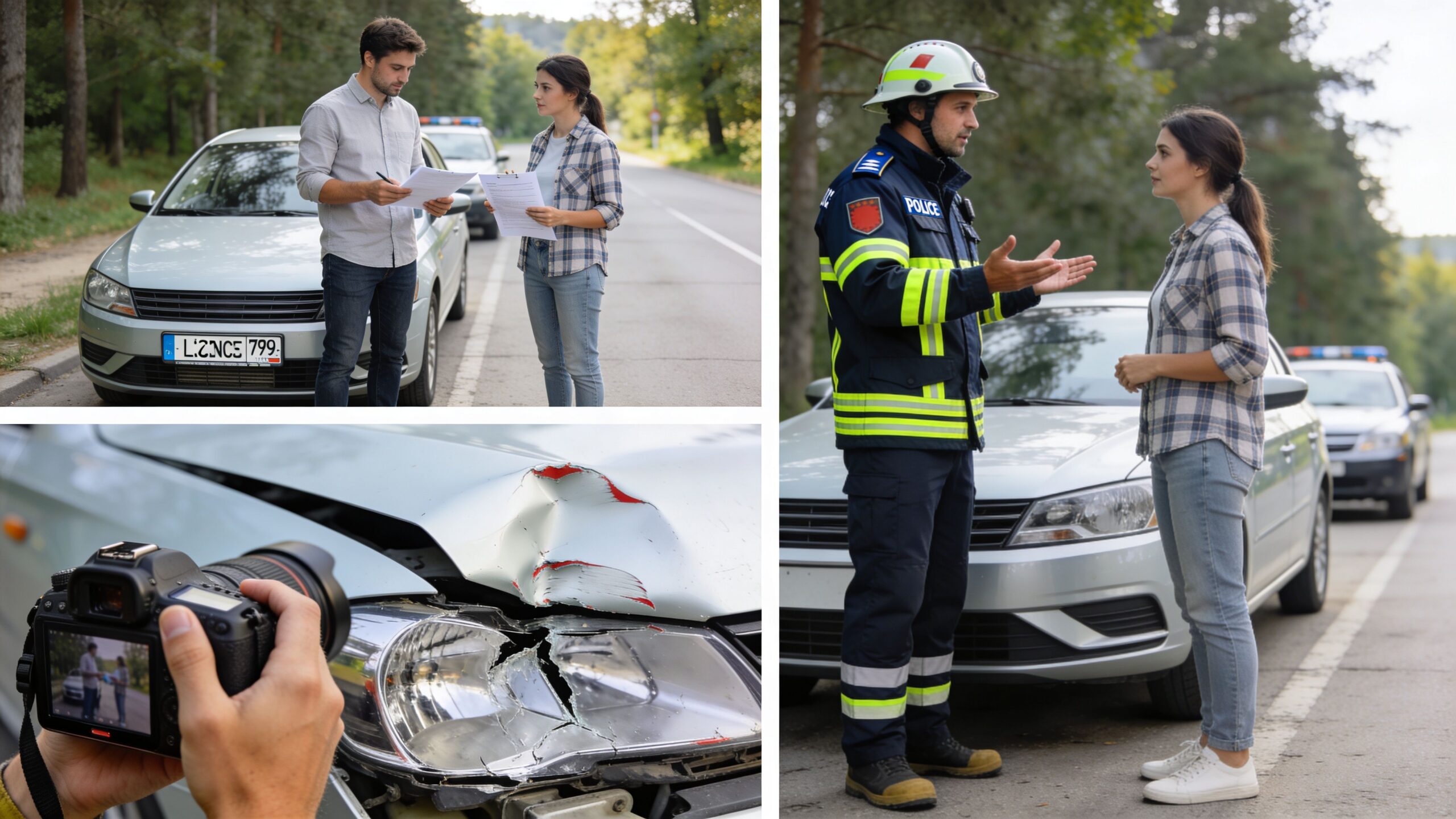 A photo collage showing a car accident investigation involving drivers and emergency services on a road.