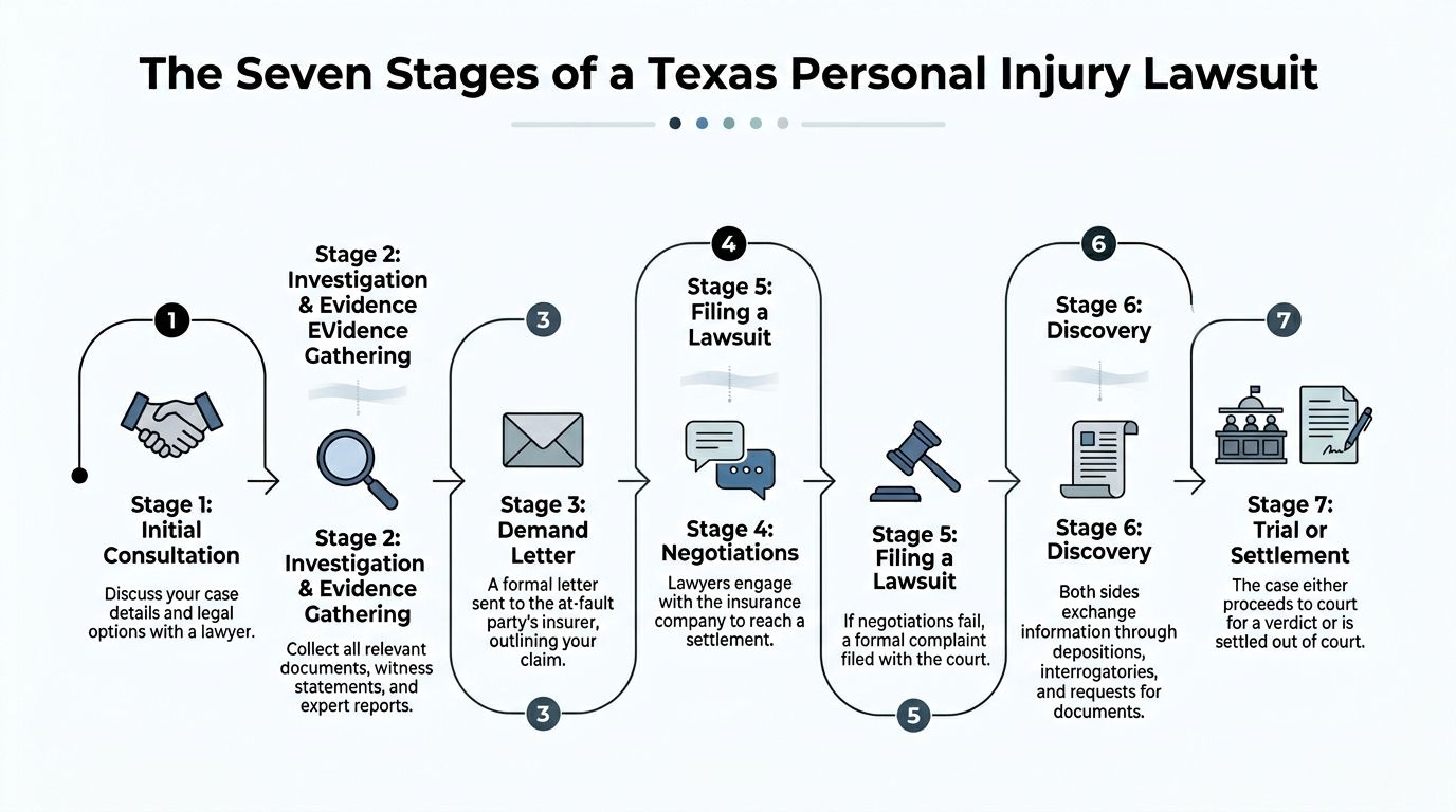 A flowchart infographic outlining the seven stages of a Texas personal injury lawsuit, from initial consultation to resolution.