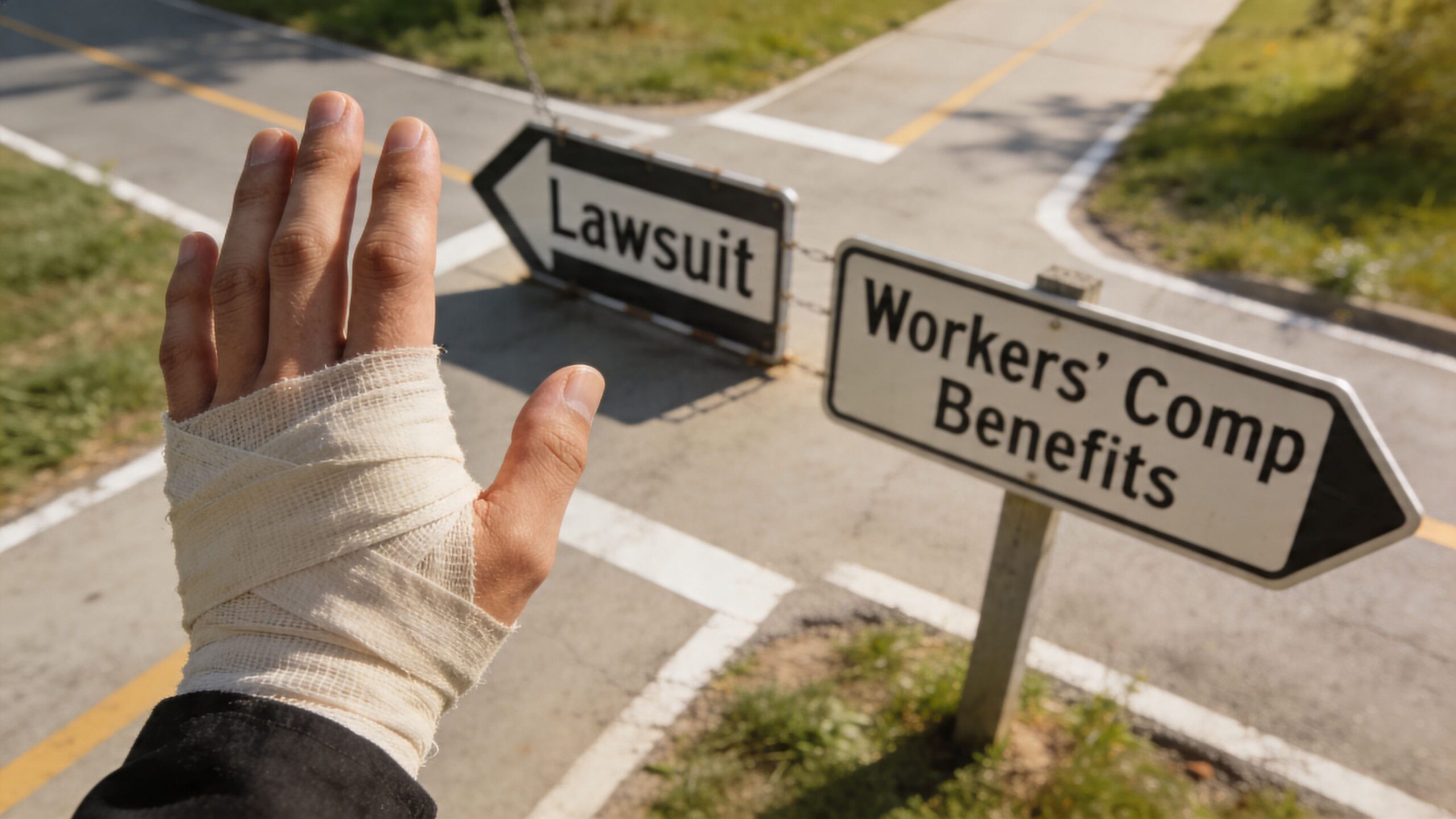 A bandaged hand reaching toward a fork in the road with signs for Lawsuit and Workers' Comp Benefits.