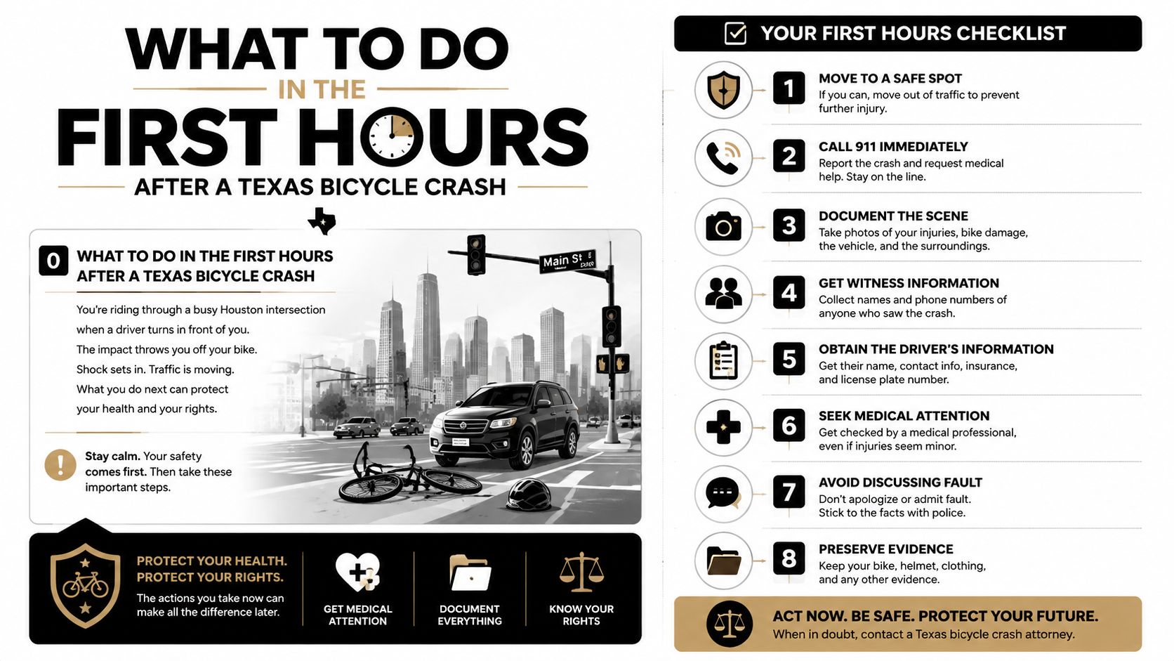 An infographic detailing the eight essential steps for cyclists to take immediately after a bicycle crash in Texas.
