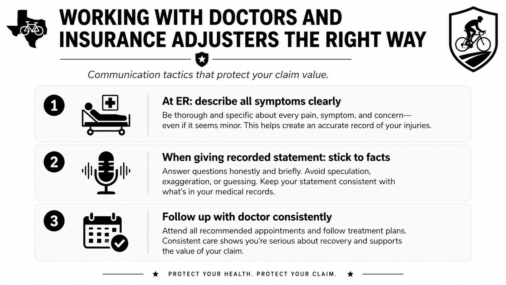 An infographic titled Working with Doctors and Insurance Adjusters, illustrating three steps for handling injury claims.