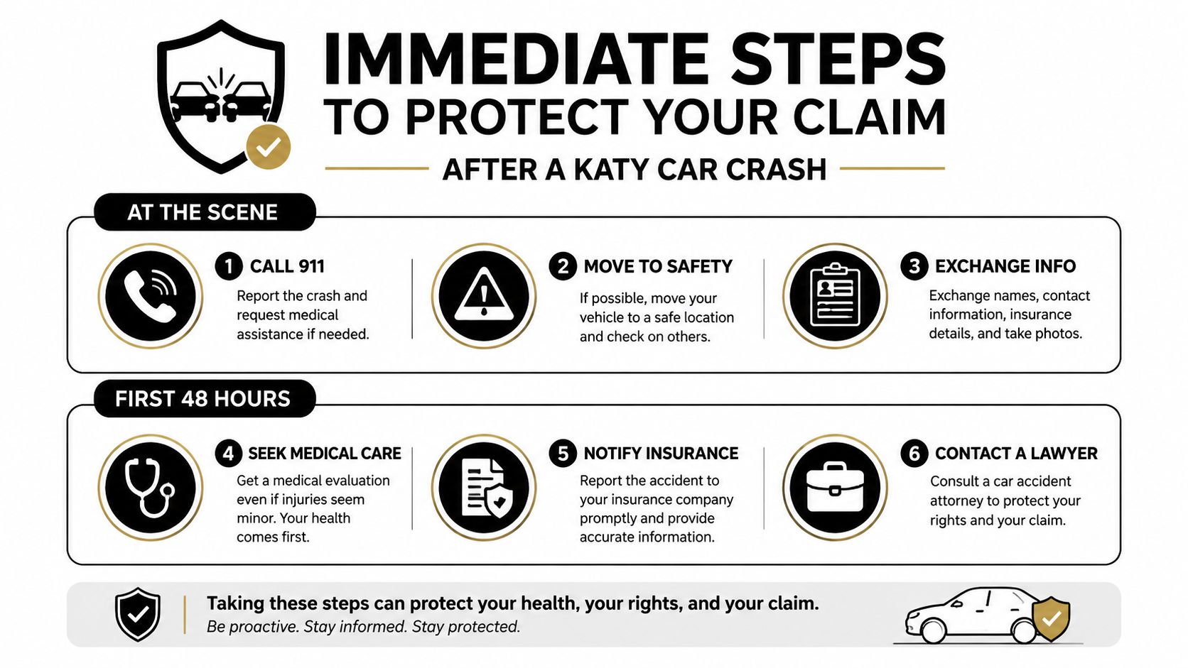 An infographic showing six essential steps to take to protect a car accident claim in Katy, Texas.