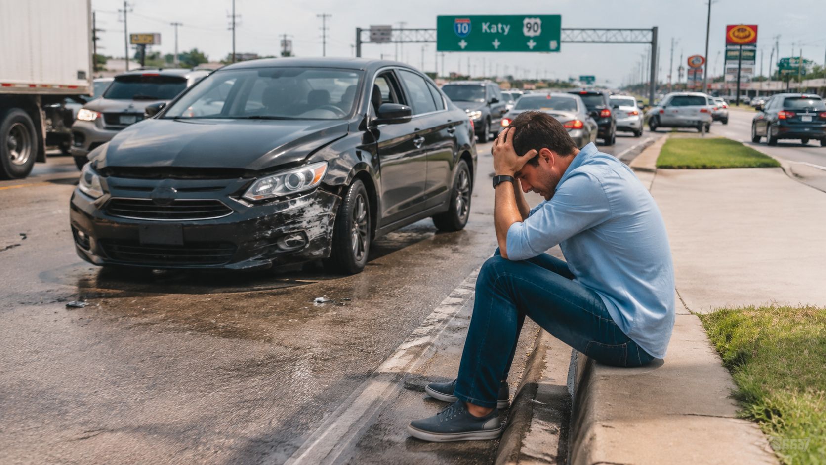 A distressed man sitting on the curb next to his damaged car after a highway collision.