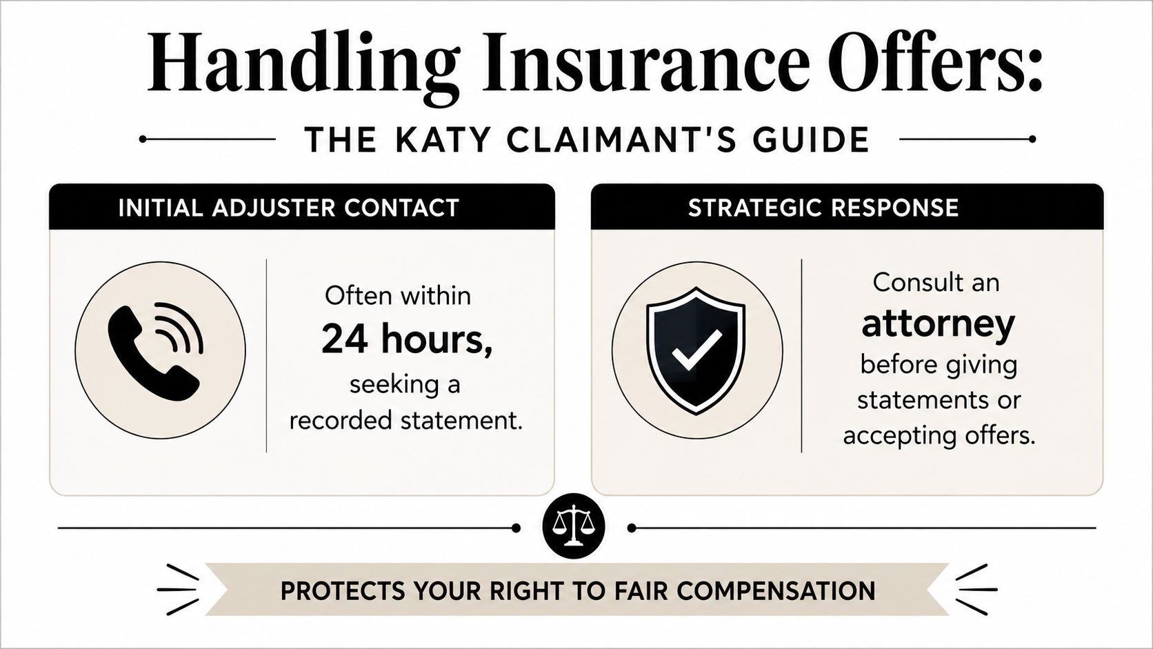 An infographic titled Handling Insurance Offers advising Katy claimants to consult an attorney before accepting offers.