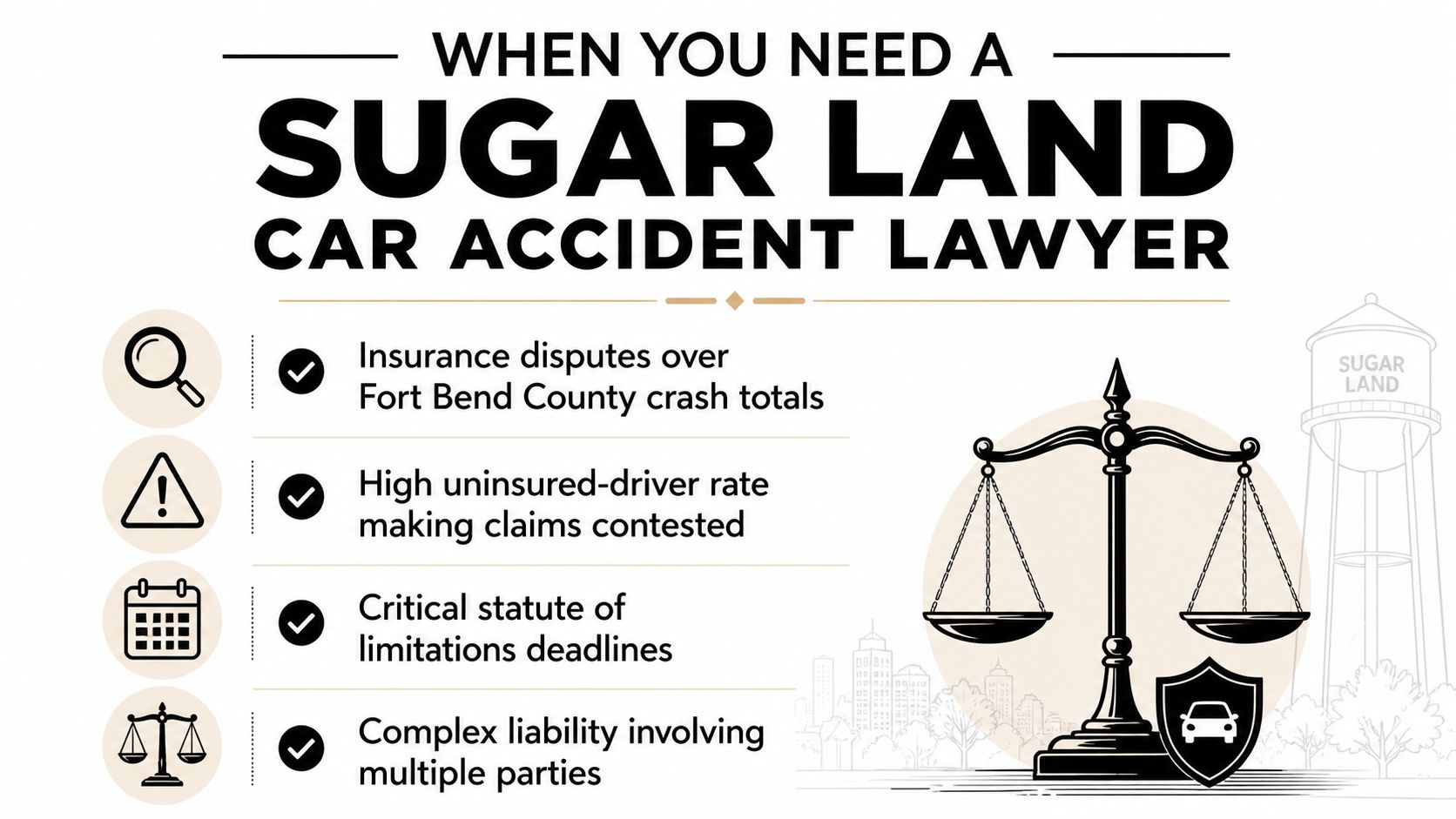 A professional infographic listing reasons to hire a car accident lawyer in Sugar Land, Texas.