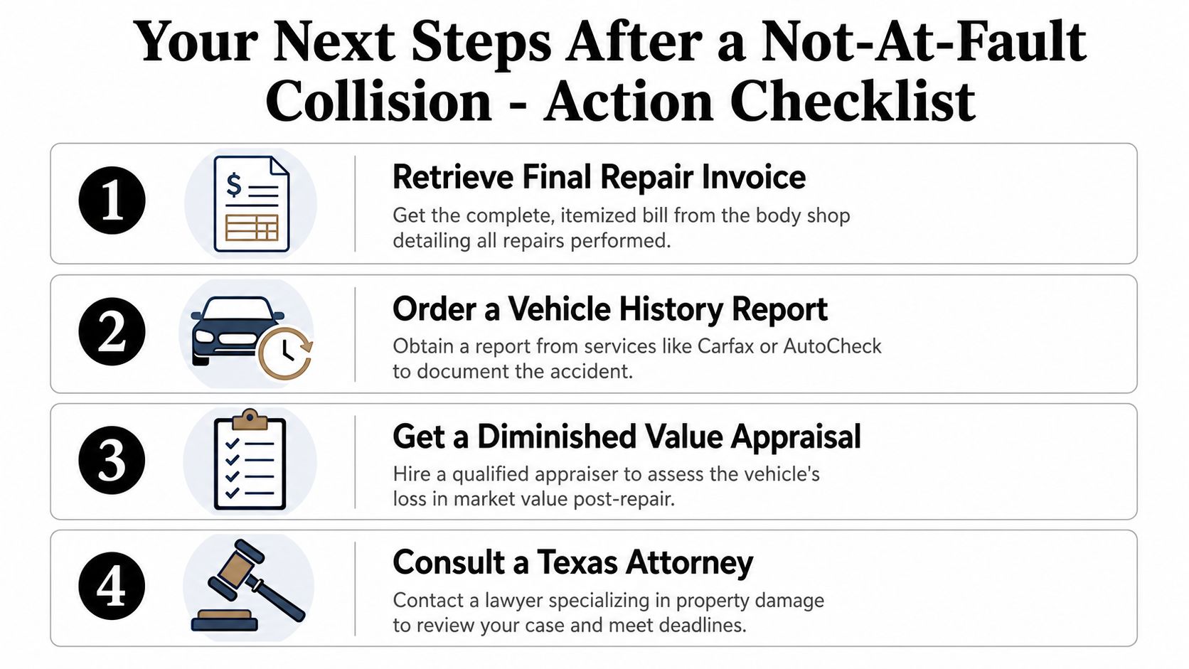 A numbered checklist showing the four recommended steps to take after a not-at-fault vehicle collision.