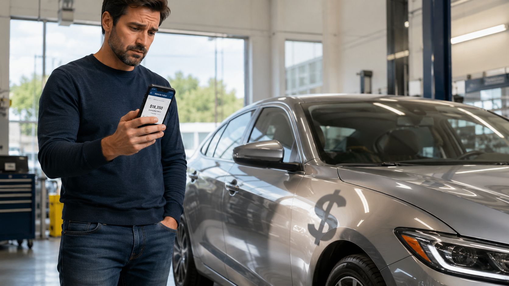 A concerned man checking his smartphone to estimate the value of his silver car in a workshop.