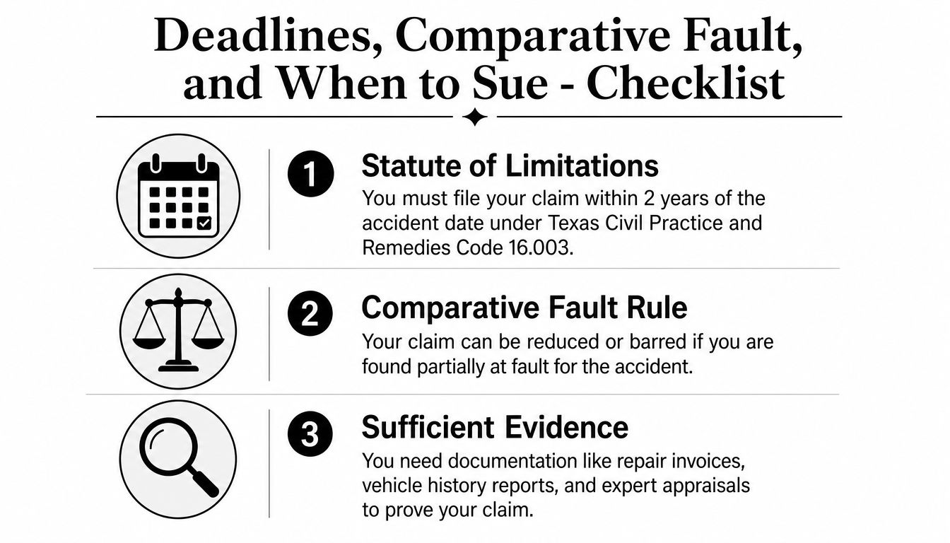 An infographic checklist explaining legal deadlines, comparative fault, and evidence for diminished value claims in Texas.
