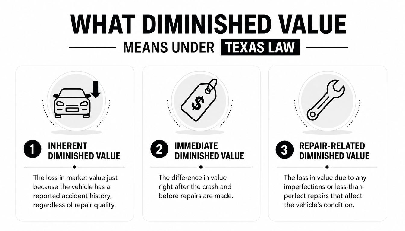 An infographic explaining three types of diminished value for vehicles under Texas law with descriptive icons.