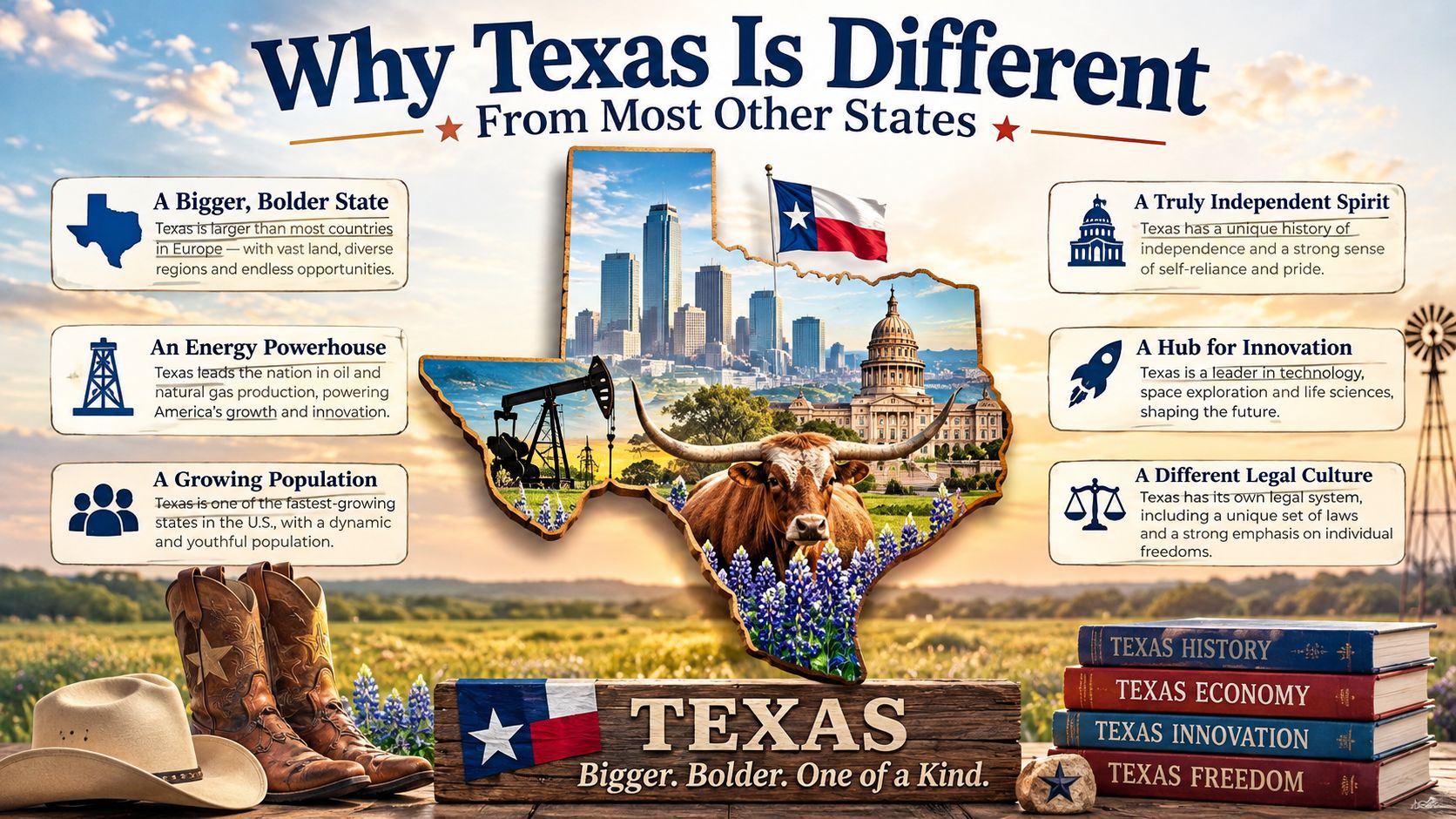 An infographic highlighting the unique traits of Texas including its energy industry, population growth, and cultural pride.