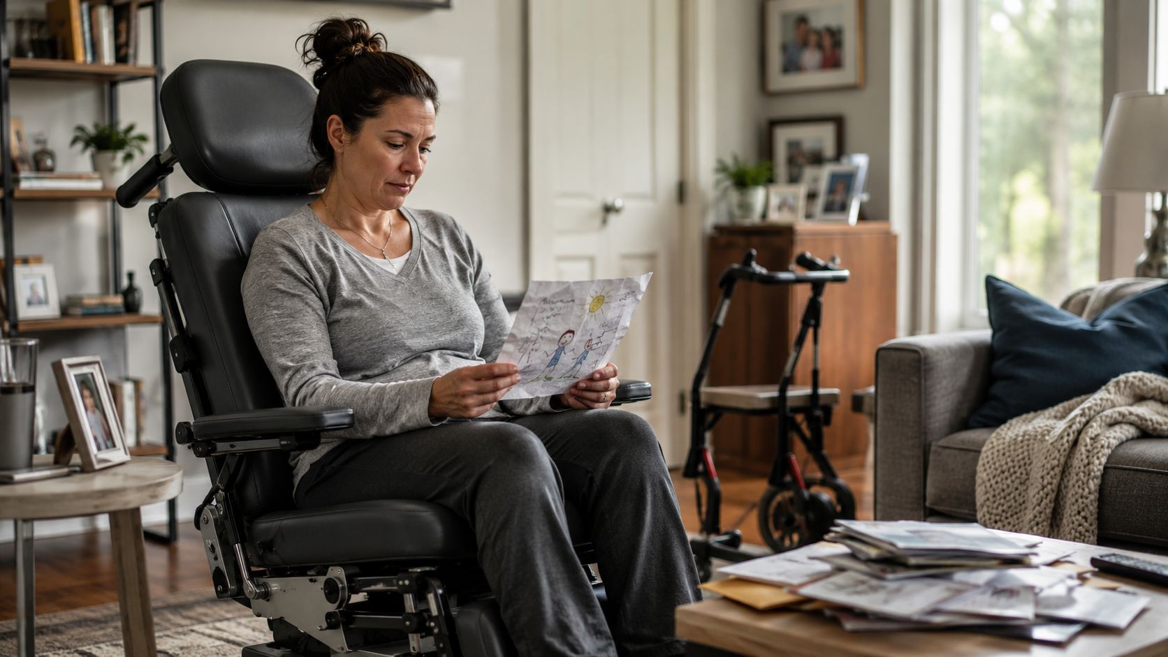 A woman sits in a mobility chair looking thoughtfully at a child's drawing in a quiet home.