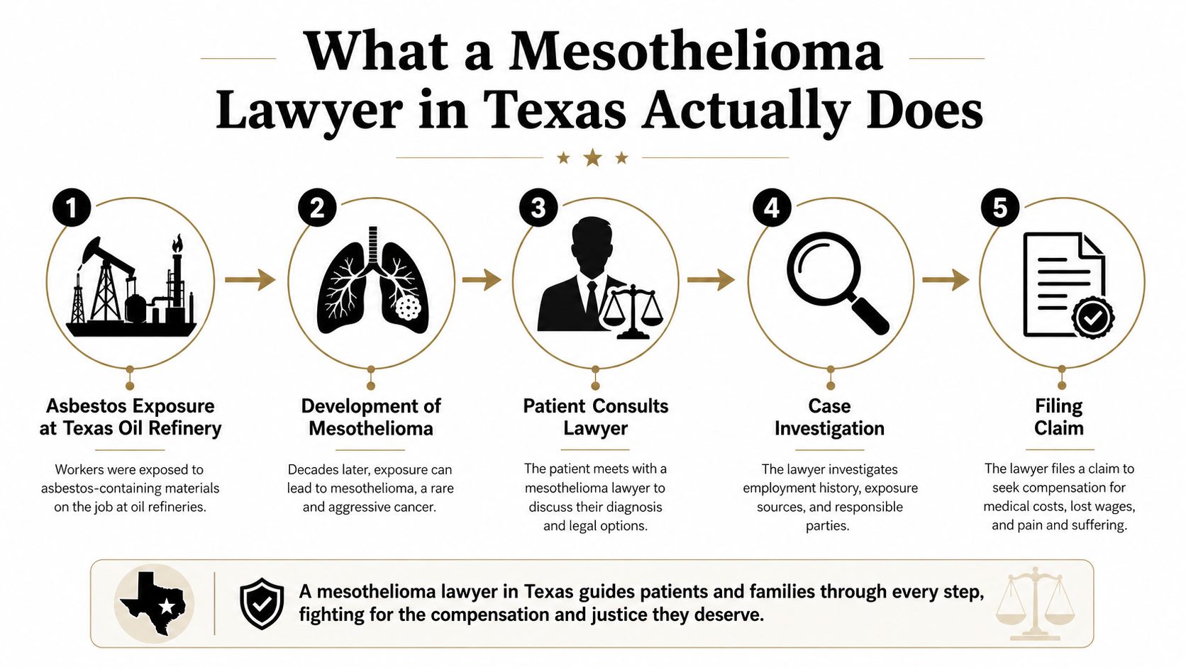 A five-step infographic showing the legal process for mesothelioma claims involving asbestos exposure at Texas oil refineries.
