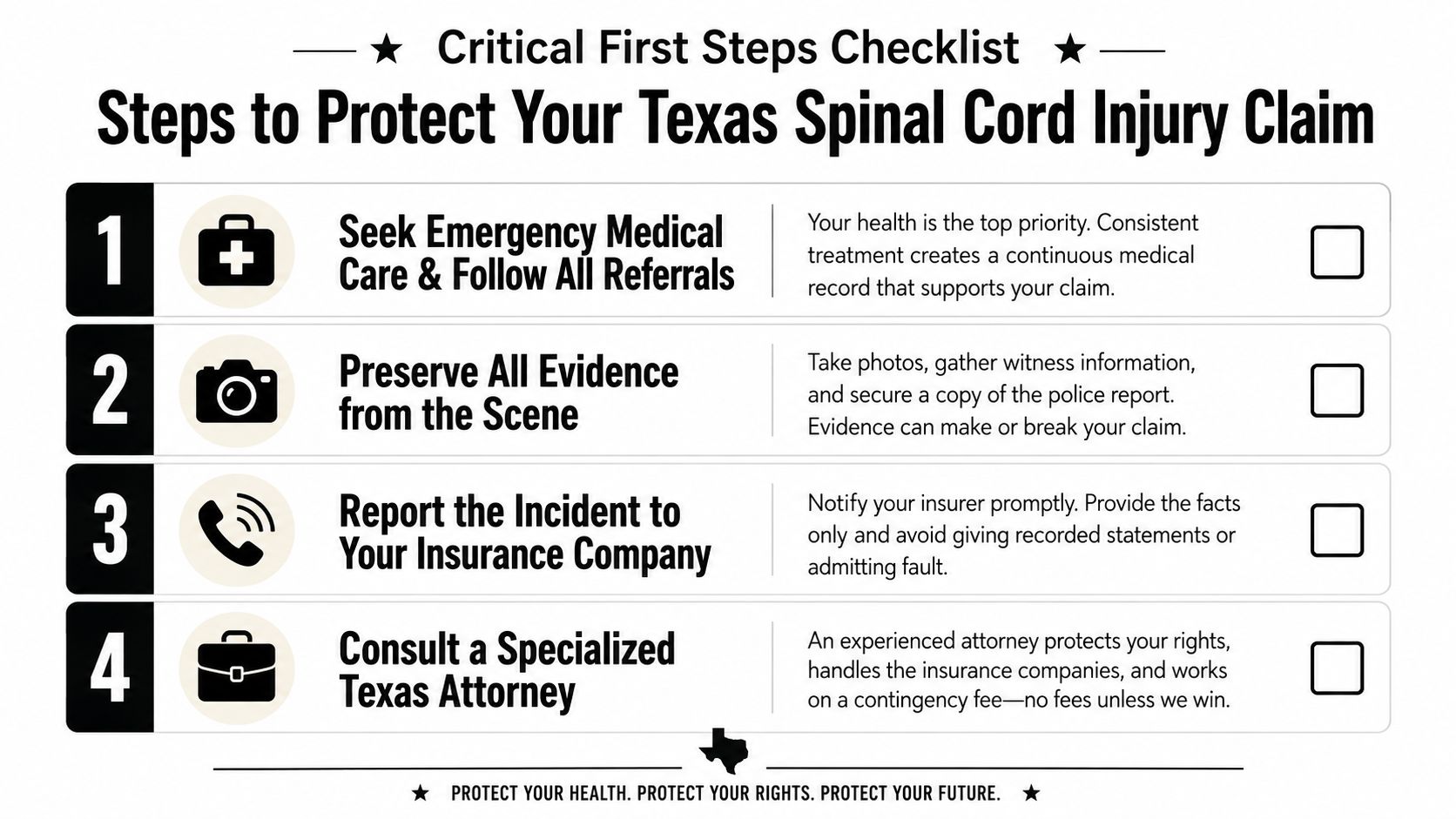 A four step checklist guide for protecting your legal claim after a spinal cord injury in Texas.