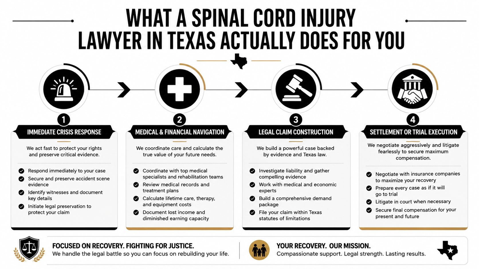 A flowchart infographic explaining the four key stages a spinal cord injury lawyer in Texas handles.