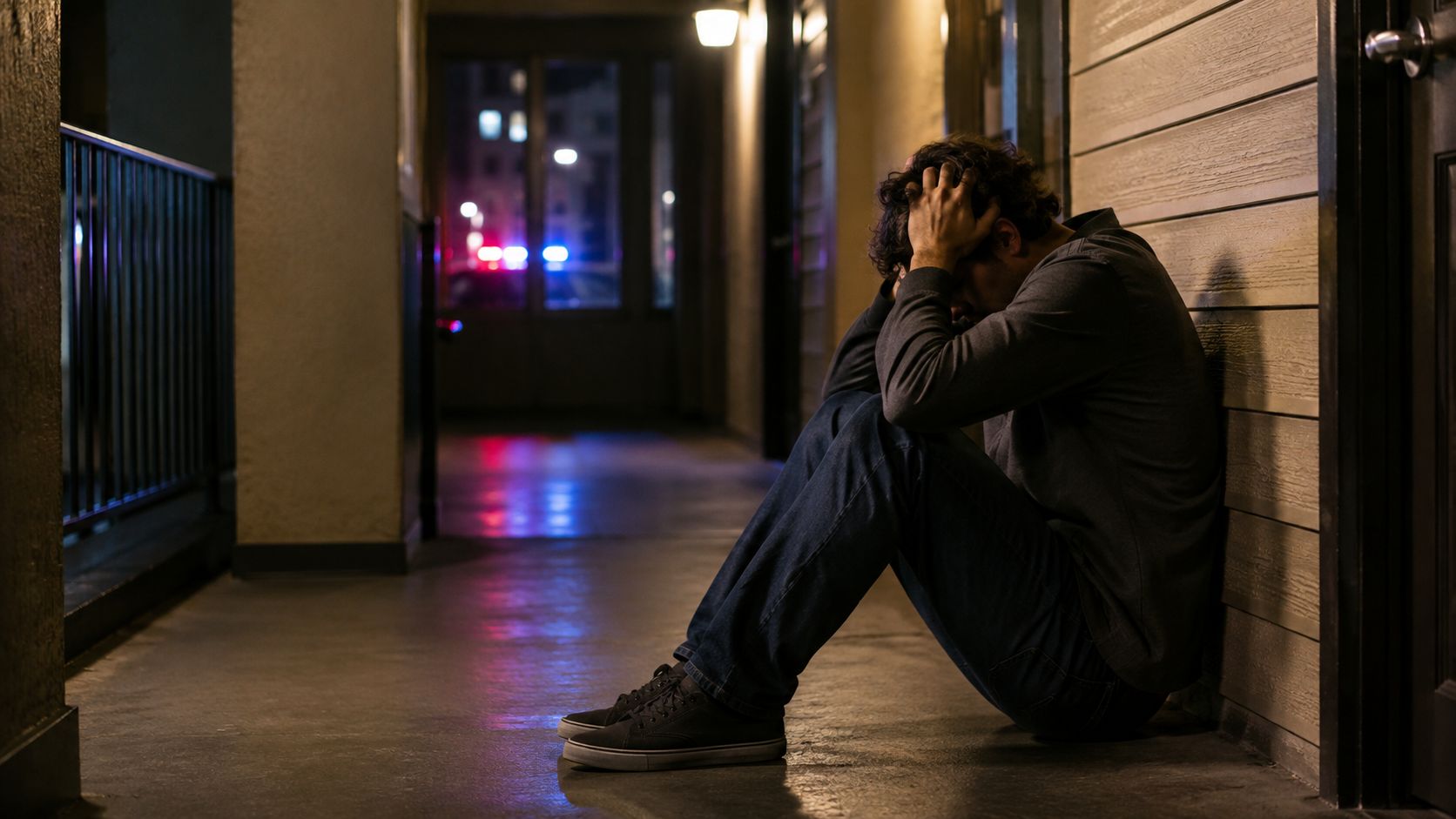 A distraught young man sits on a dimly lit apartment corridor floor with police lights behind him.