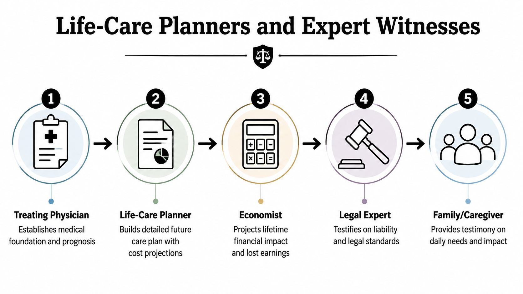 A flowchart showing the five roles involved in developing a catastrophic injury life-care plan and legal claim.