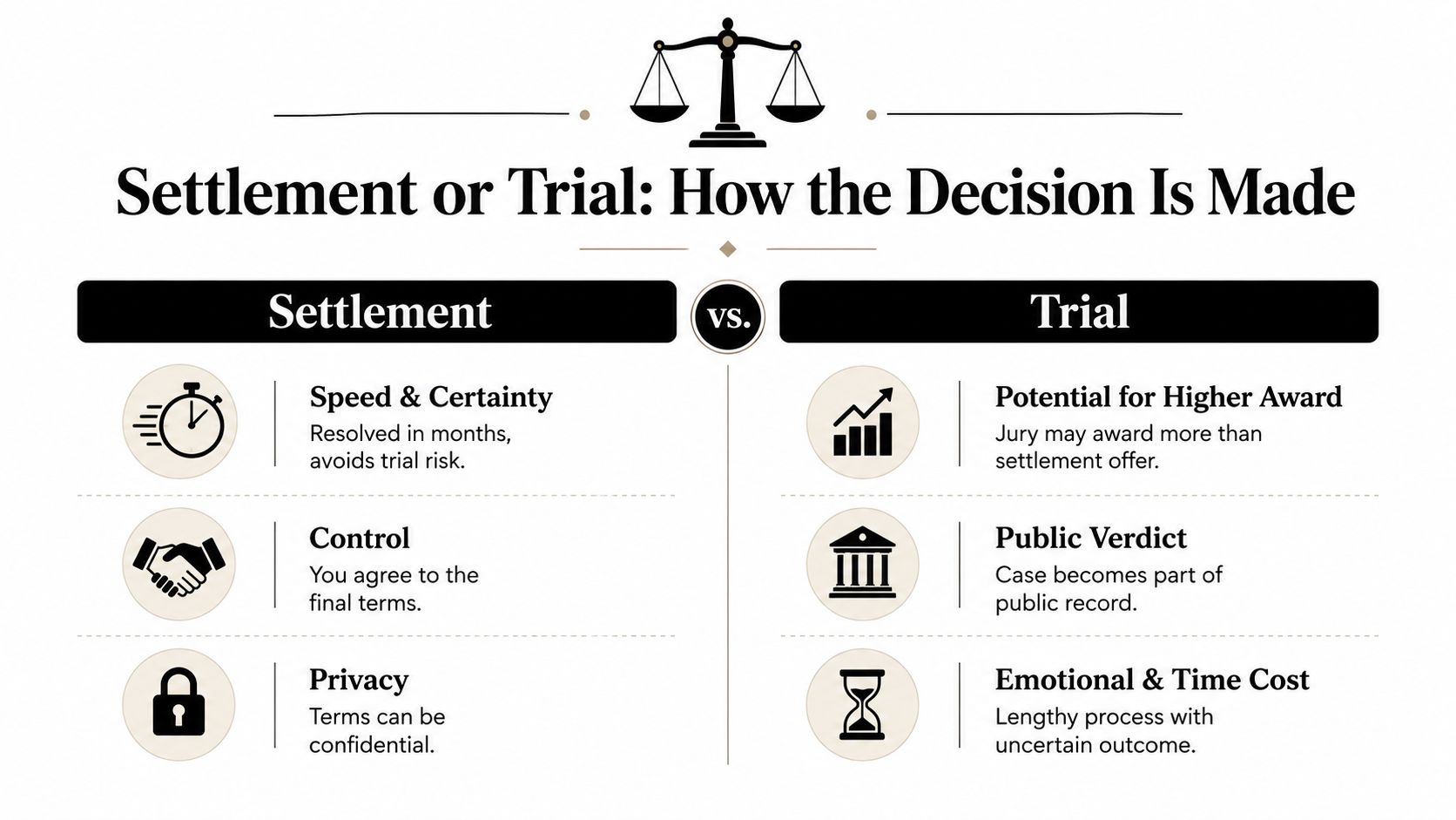 A comparison infographic between legal settlement and trial, outlining the pros and cons of each option.