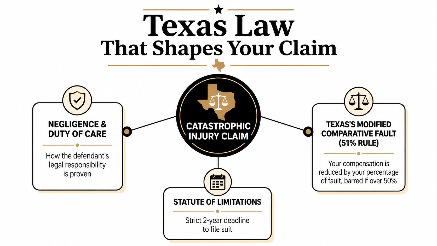 An infographic detailing the Texas laws and legal principles that impact a catastrophic injury claim.