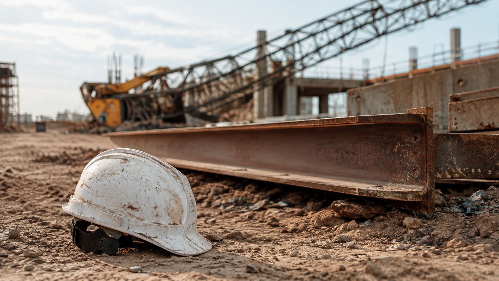 A dirty white construction hard hat sits on the ground near a large rusty steel beam.